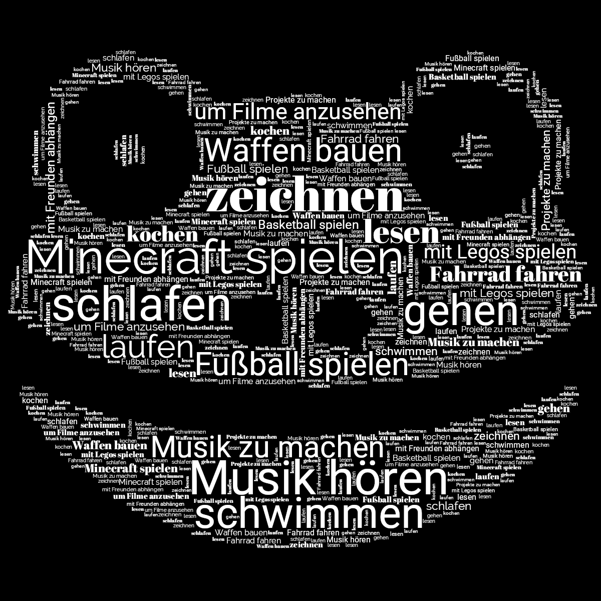 Word cloud in a Frog shape with 18 words like Minecraft spielen, zeichnen and schlafen in white and black.