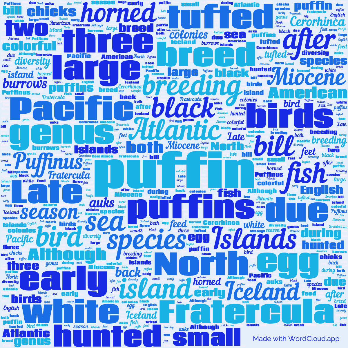 Word cloud with 50 words like puffin, puffins and Atlantic in white.