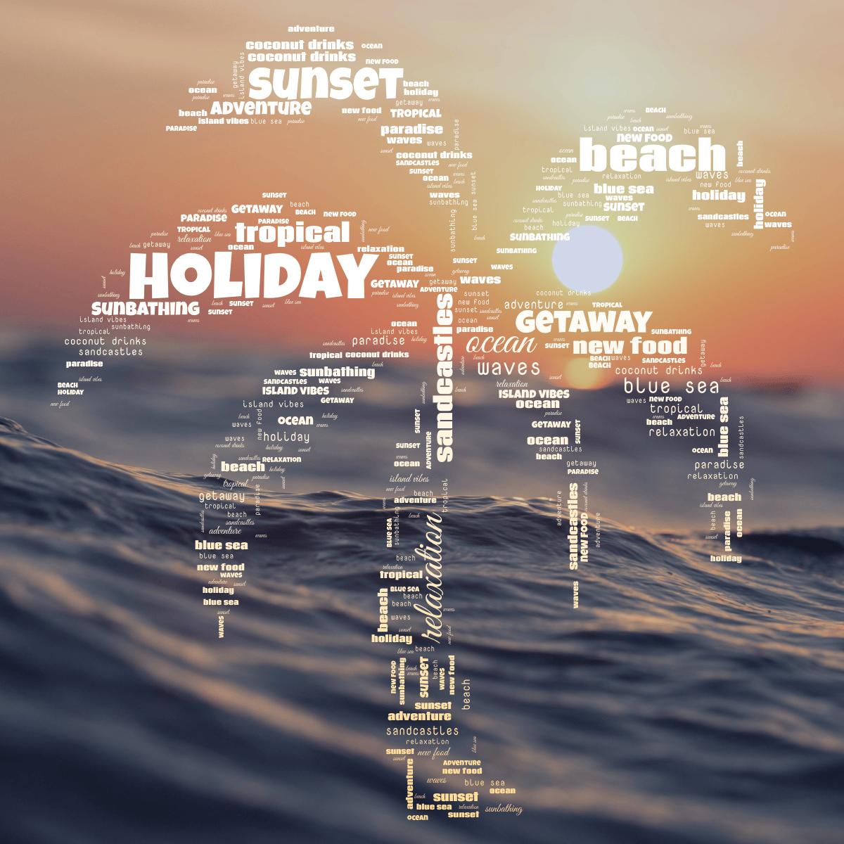 Word cloud in a custom shape with 16 words like holiday, sunset and ocean in orange and white.