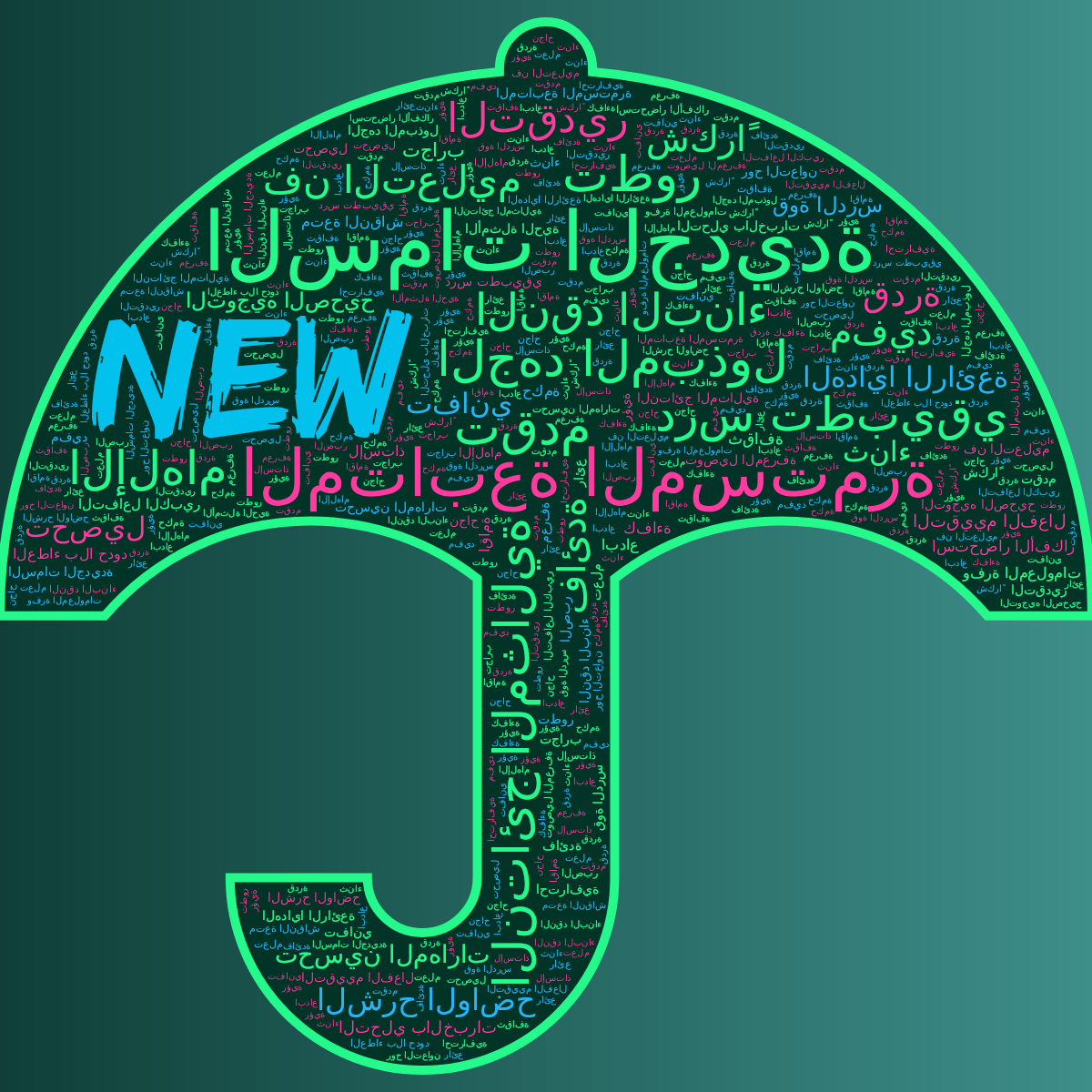 Word cloud in an Umbrella shape with 47 words like شكراً, اقامة and درس تطبيقي in green, blue and pink.