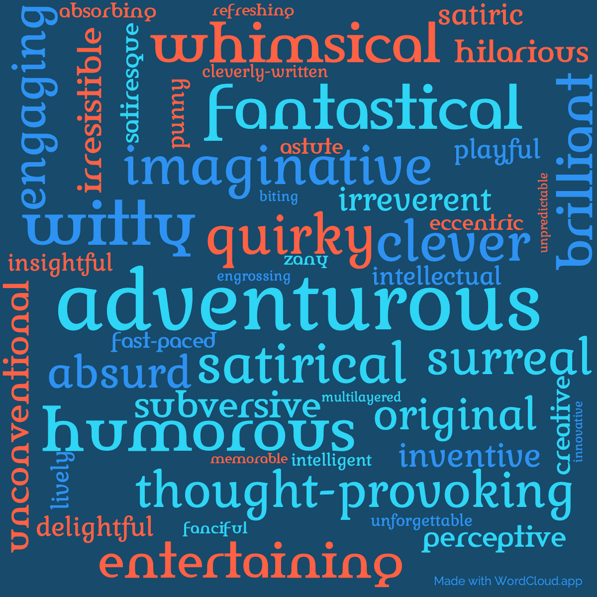 Word cloud of the book Diggers Bromeliad with 48 words like adventurous, quirky and satirical.
