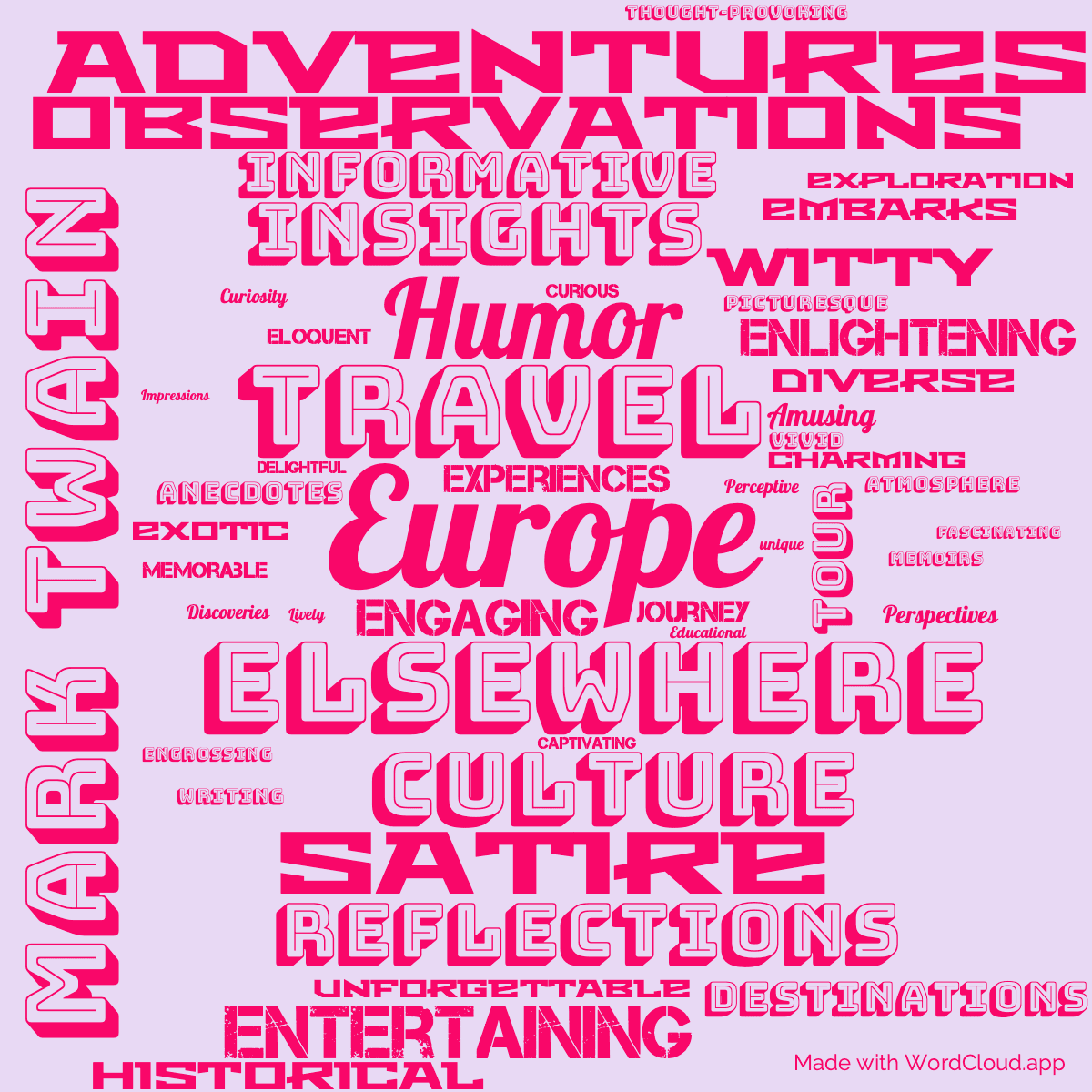 Word cloud of the book Europe and elsewhere with 50 words like Europe, Elsewhere and Mark Twain.