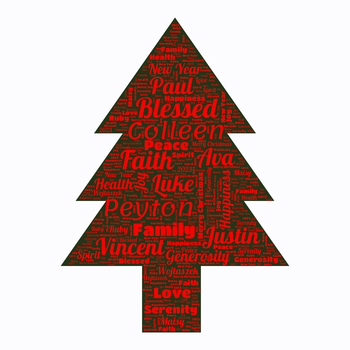 Word cloud in a Christmas Tree shape with 17 words like Blessed, Faith and Family in red, blue and green.