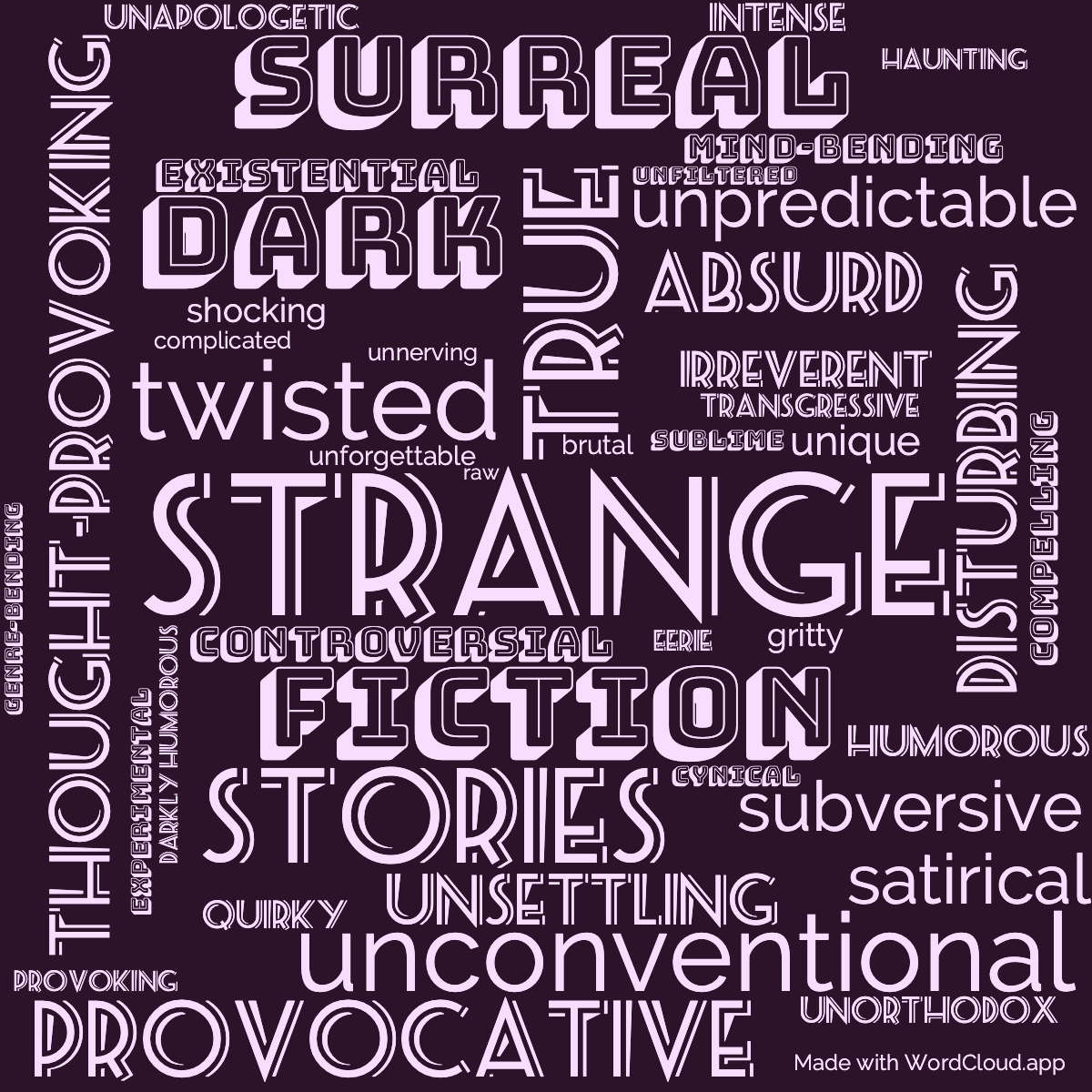 Word cloud of the book Stranger Than Fiction True Stories with 44 words like strange, fiction and true.