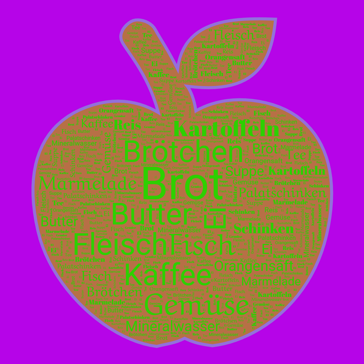 Word cloud in an Apple shape with 17 words like Brot, Brötchen and Butter in green, purple and orange.