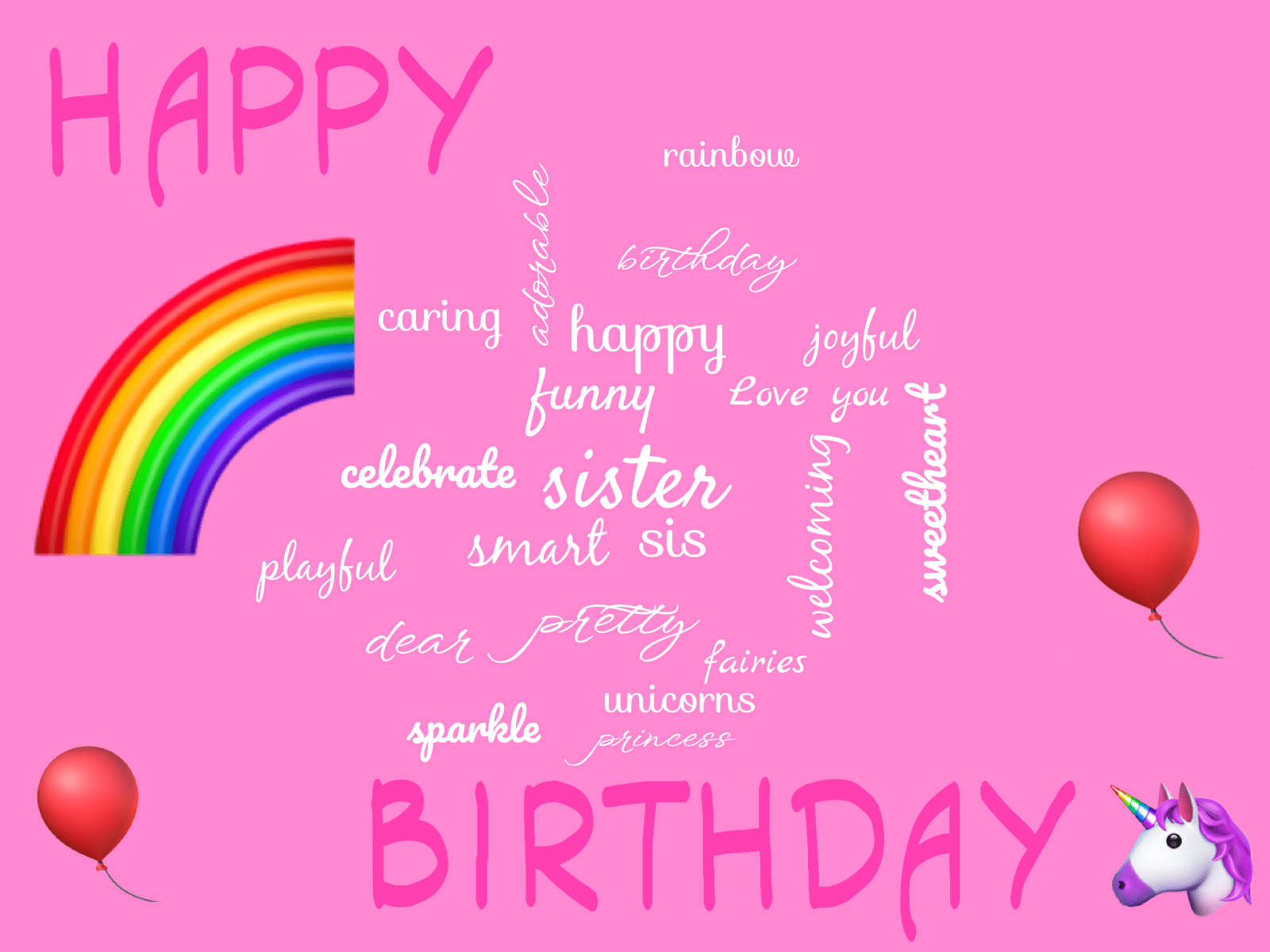 Word cloud with 22 words like sister, sis and smart in white and pink.