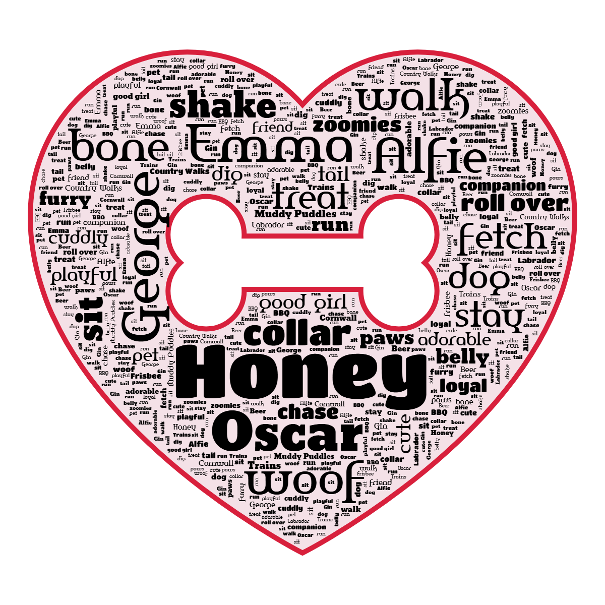 Word cloud in a Dog Bone Heart shape with 42 words like Honey, George and Oscar in black, white and red.