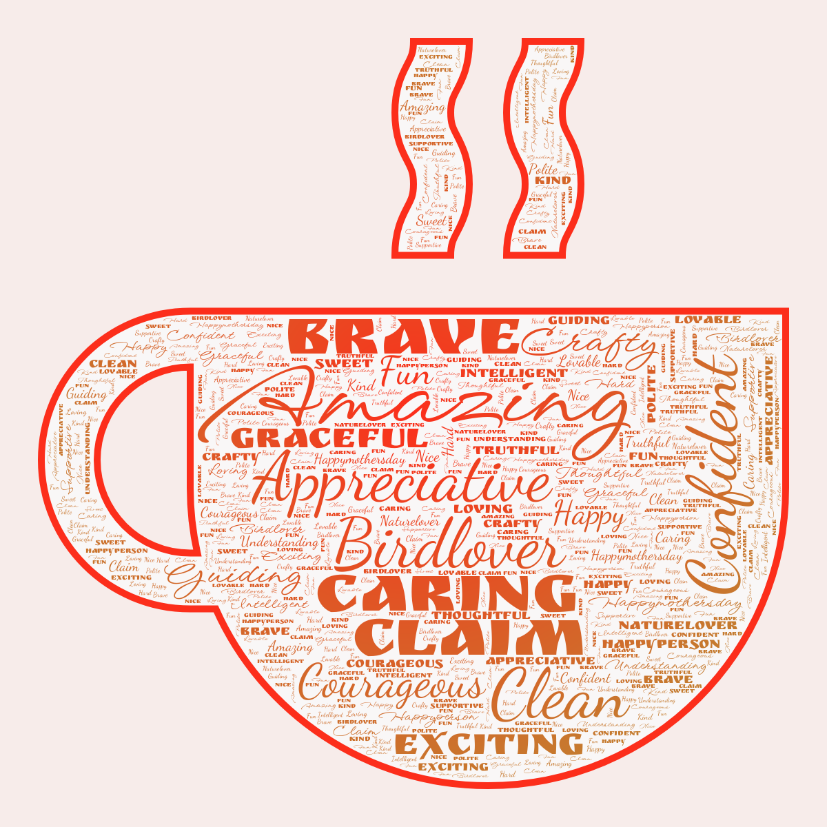 Word cloud in a Teacup shape with 30 words like Amazing, Appreciative and Birdlover in red and yellow.