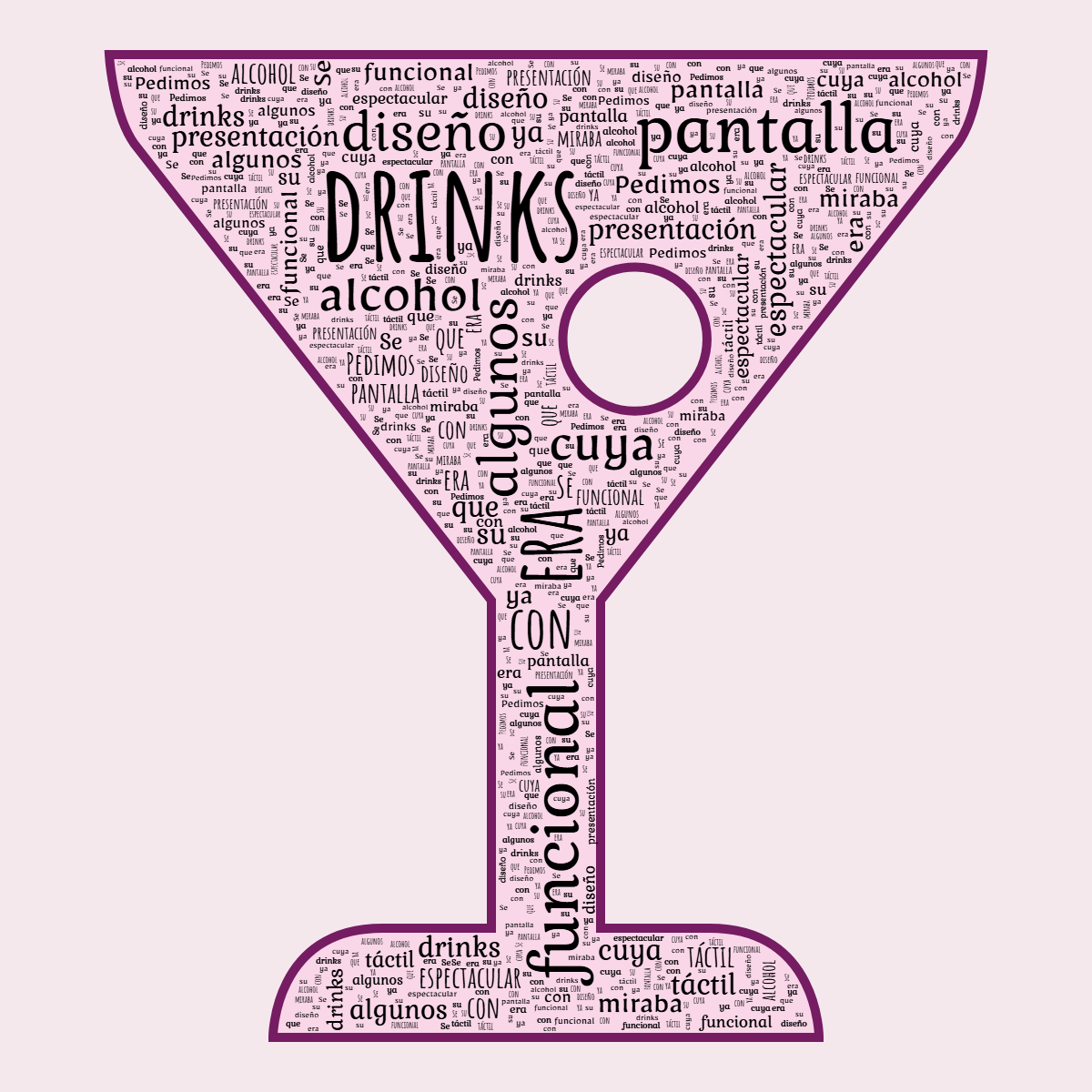 Word cloud in a Cocktail Glass shape with 18 words like drinks, era and funcional in black, pink and purple.