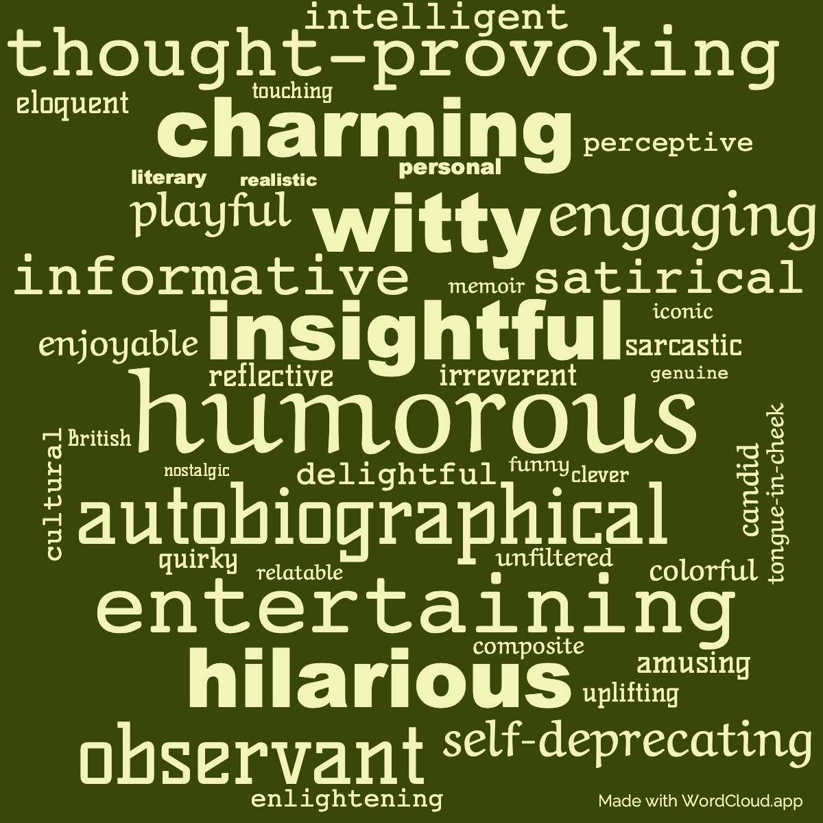 Word cloud of the book Mrs Fry's Diary with 44 words like humorous, insightful and autobiographical.