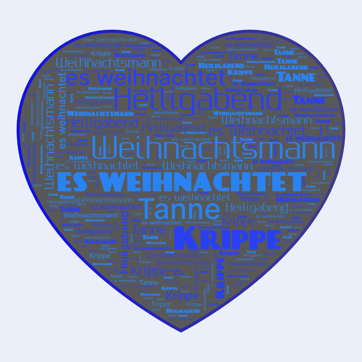 Word cloud in a Heart shape with 5 words like es weihnachtet, Weihnachtsmann and Tanne in blue and gray.