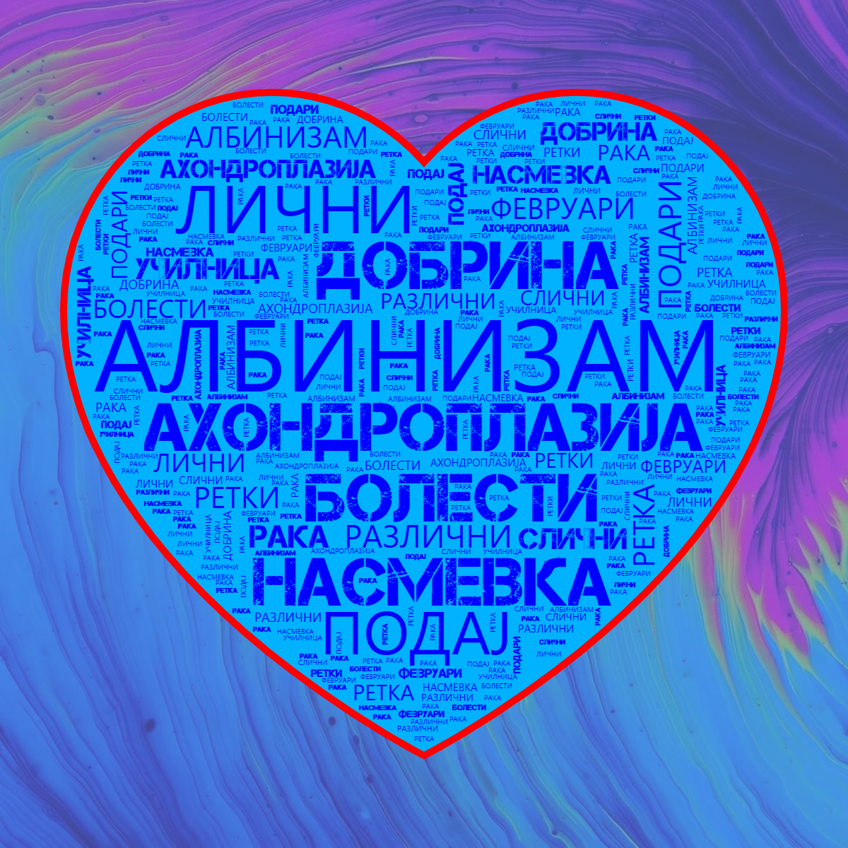 Word cloud in a Heart shape with 15 words like АЛБИНИЗАМ, АХОНДРОПЛАЗИЈА and БОЛЕСТИ in bright blue and red.