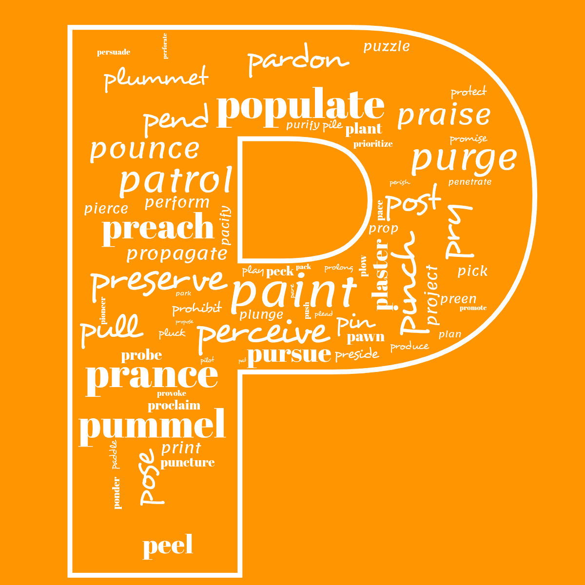 Word cloud in the shape of the letter P with 71 words like perform, push and propose in white and orange.