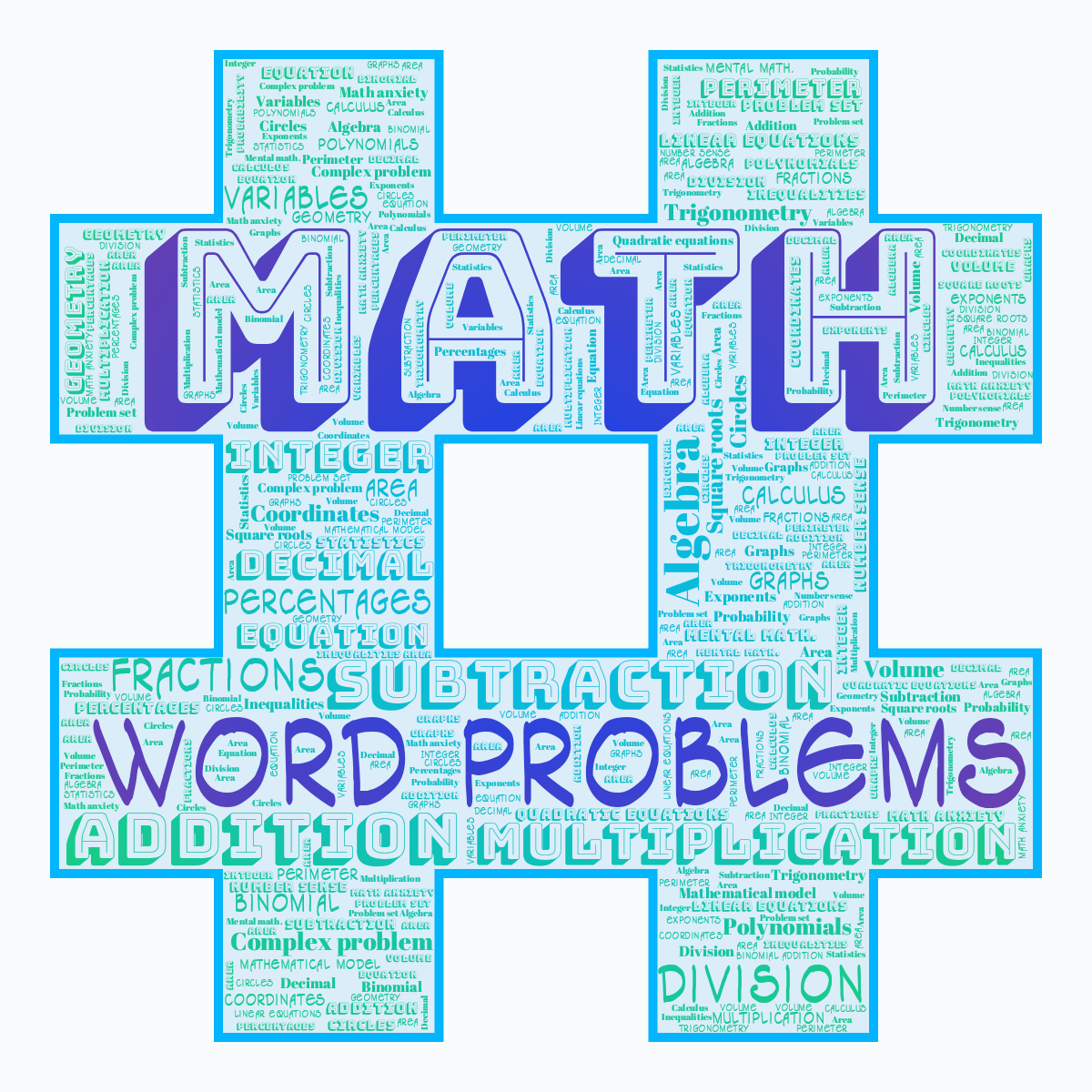 Word cloud in a Hash shape with 35 words like Addition, Subtraction and Multiplication in blue and green.