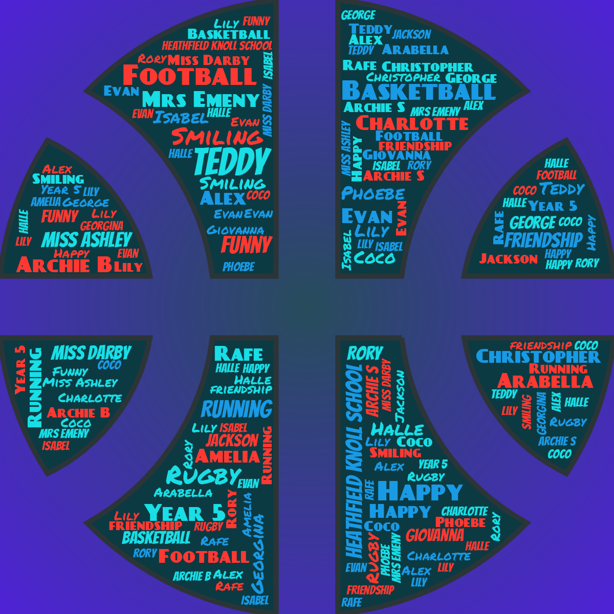 Word cloud in a Basketball shape with 33 words like Teddy, Football and Rugby in blue and red.