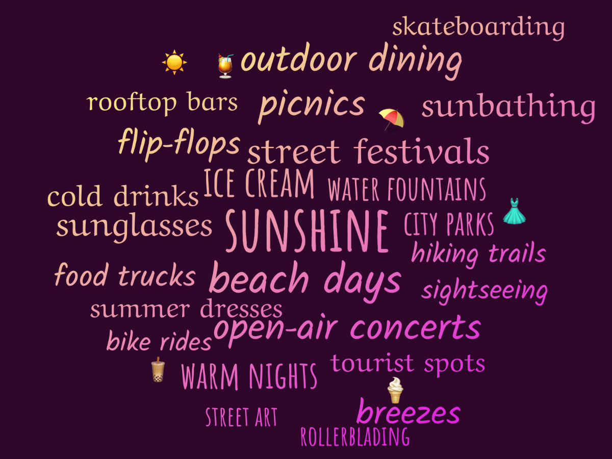 Word cloud with 31 words like sunshine, ice cream and beach days in yellow and purple.