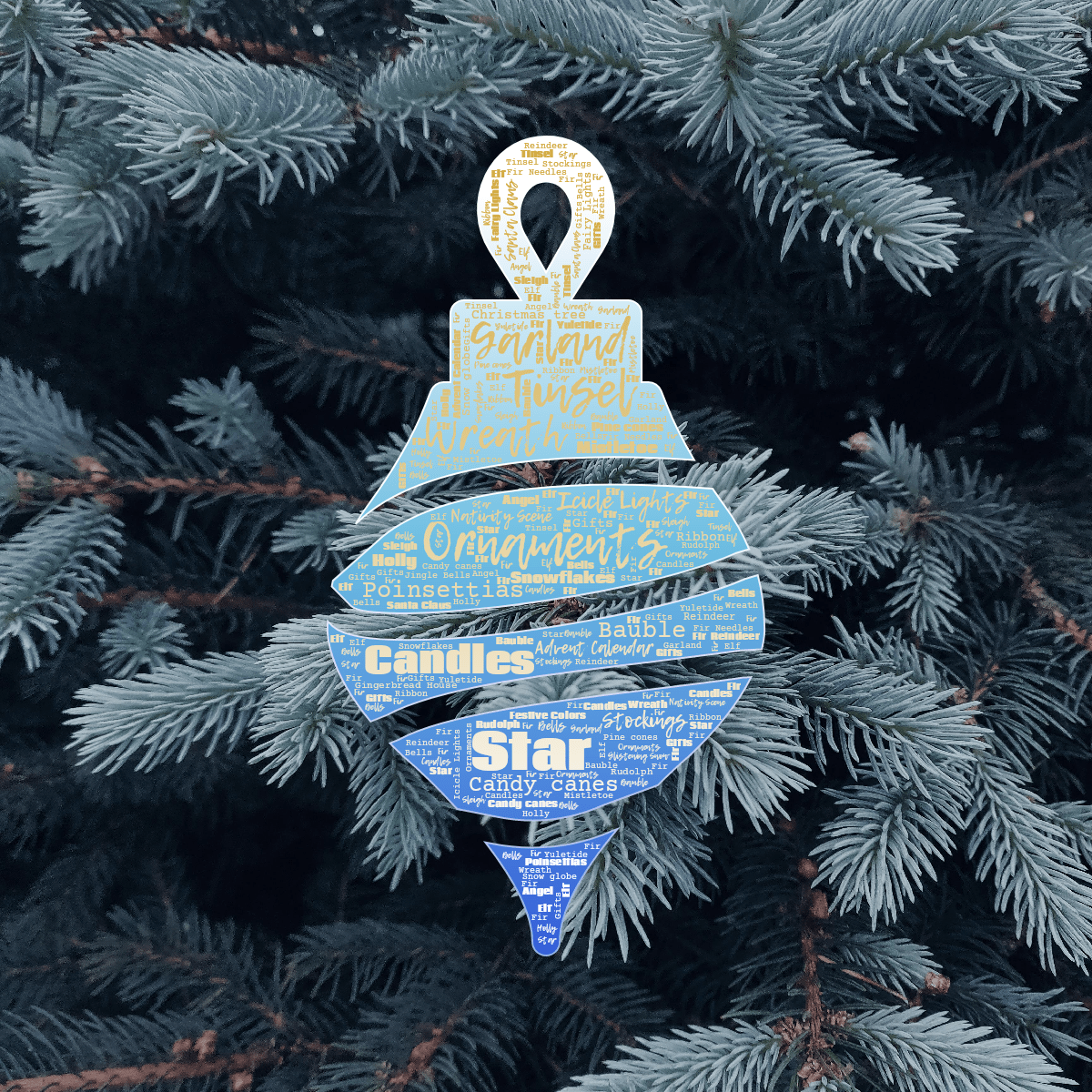 Word cloud in a Christmas Icicle Ornament shape with 41 words like Ornaments, Tinsel and Star in orange, blue and white.
