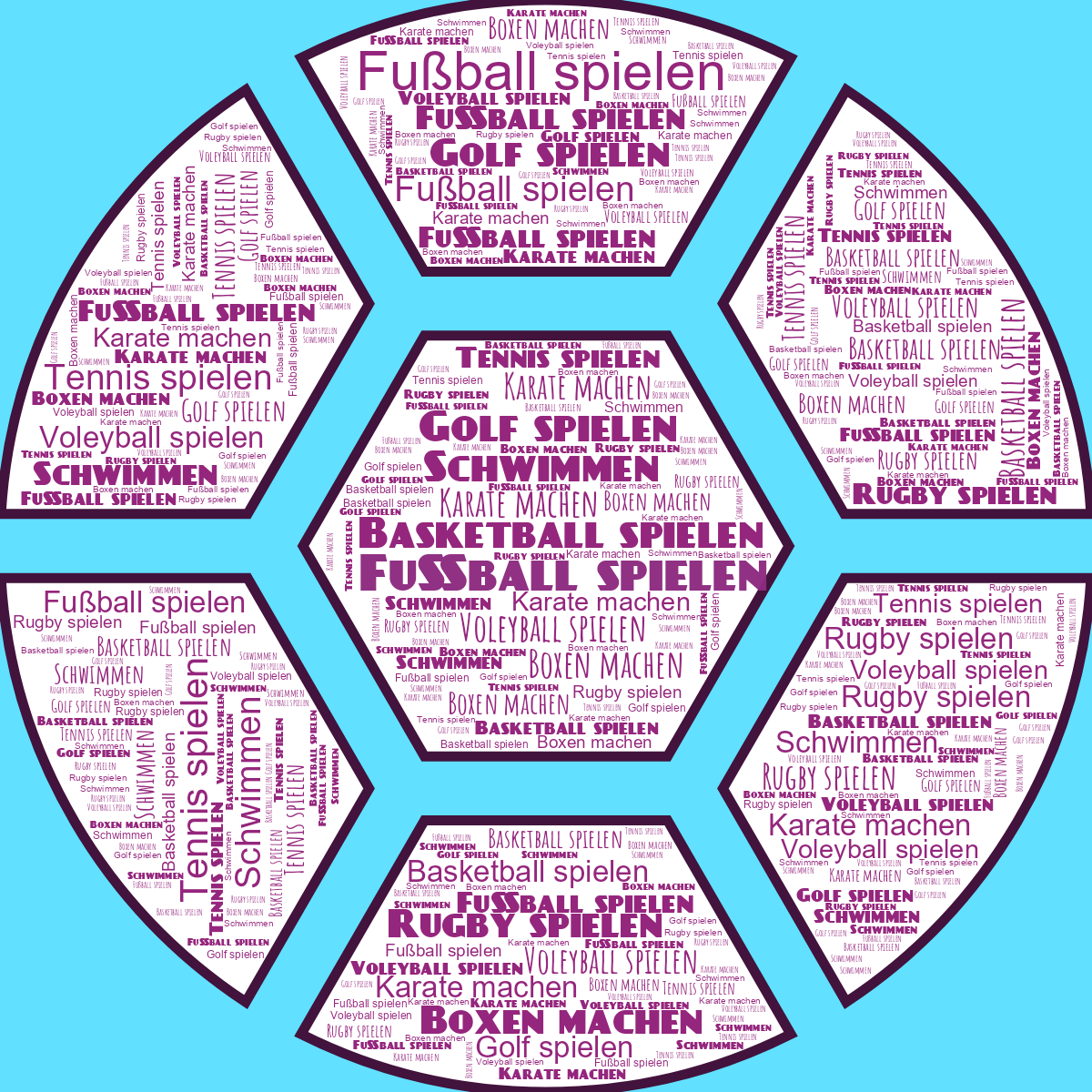 Word cloud in a Football shape with 9 words like Fußball spielen, Basketball spielen and Tennis spielen in purple, blue and white.