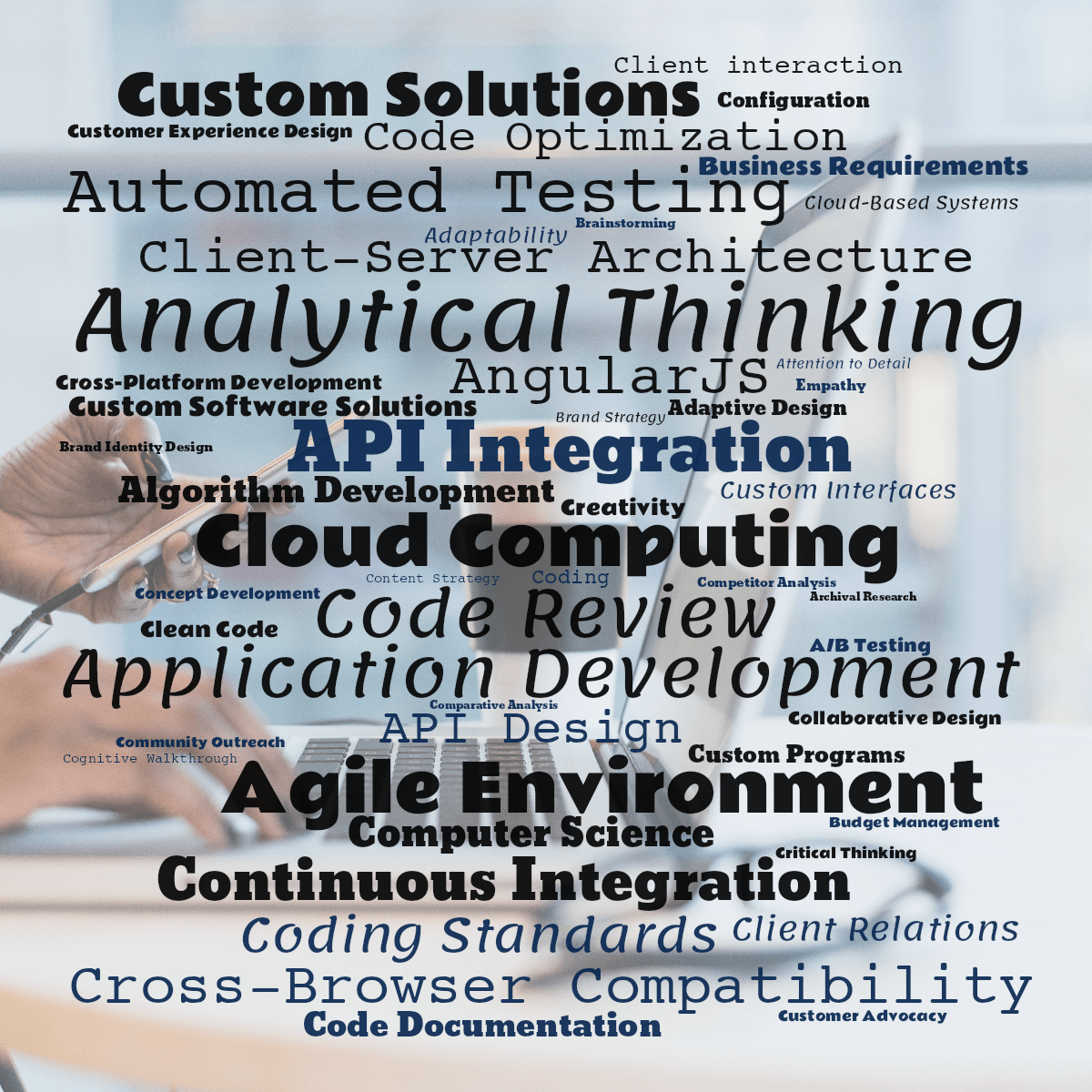 Word cloud with 50 words like Analytical Thinking, Application Development and Cloud Computing in black and blue.