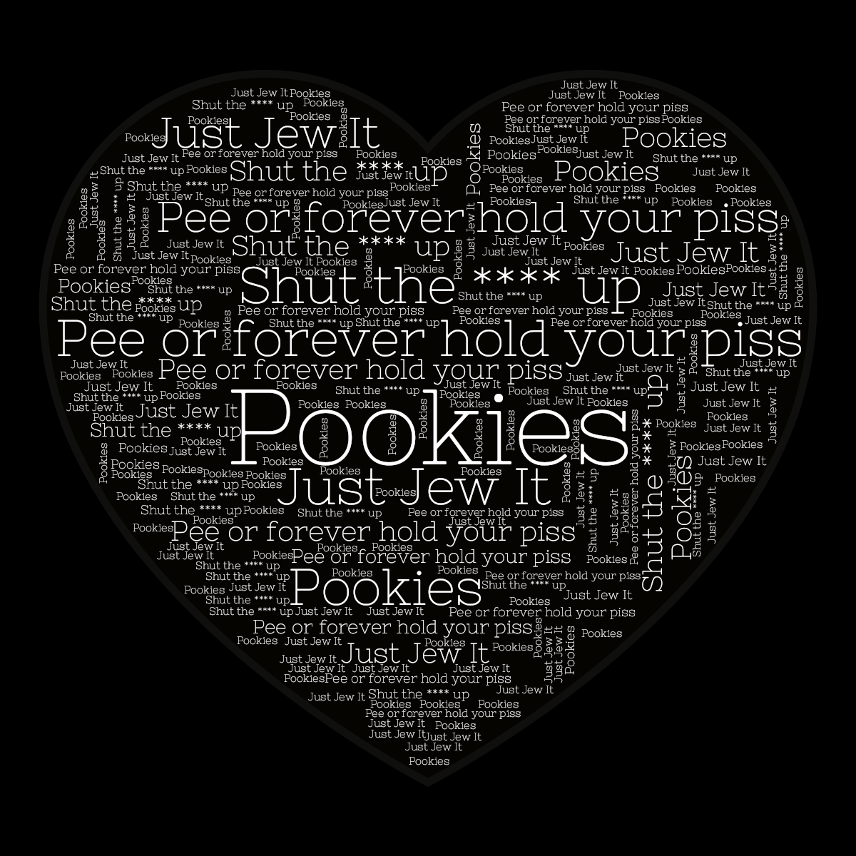Word cloud in a Heart shape with 4 words like Pookies, Pee or forever hold your piss and Just Jew It in white and black.