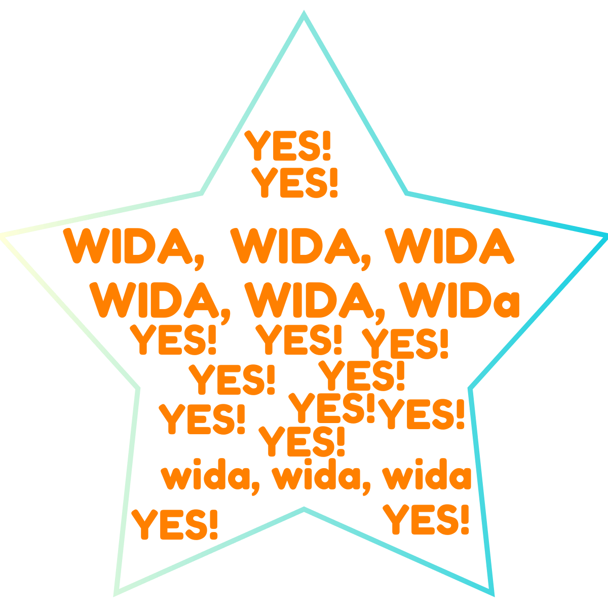 Word cloud in a Star shape with 6 words like WIDA, WIDA, WIDA, WIDA, WIDA, WIDa and TEST, TEST, TEST in orange, yellow and blue.