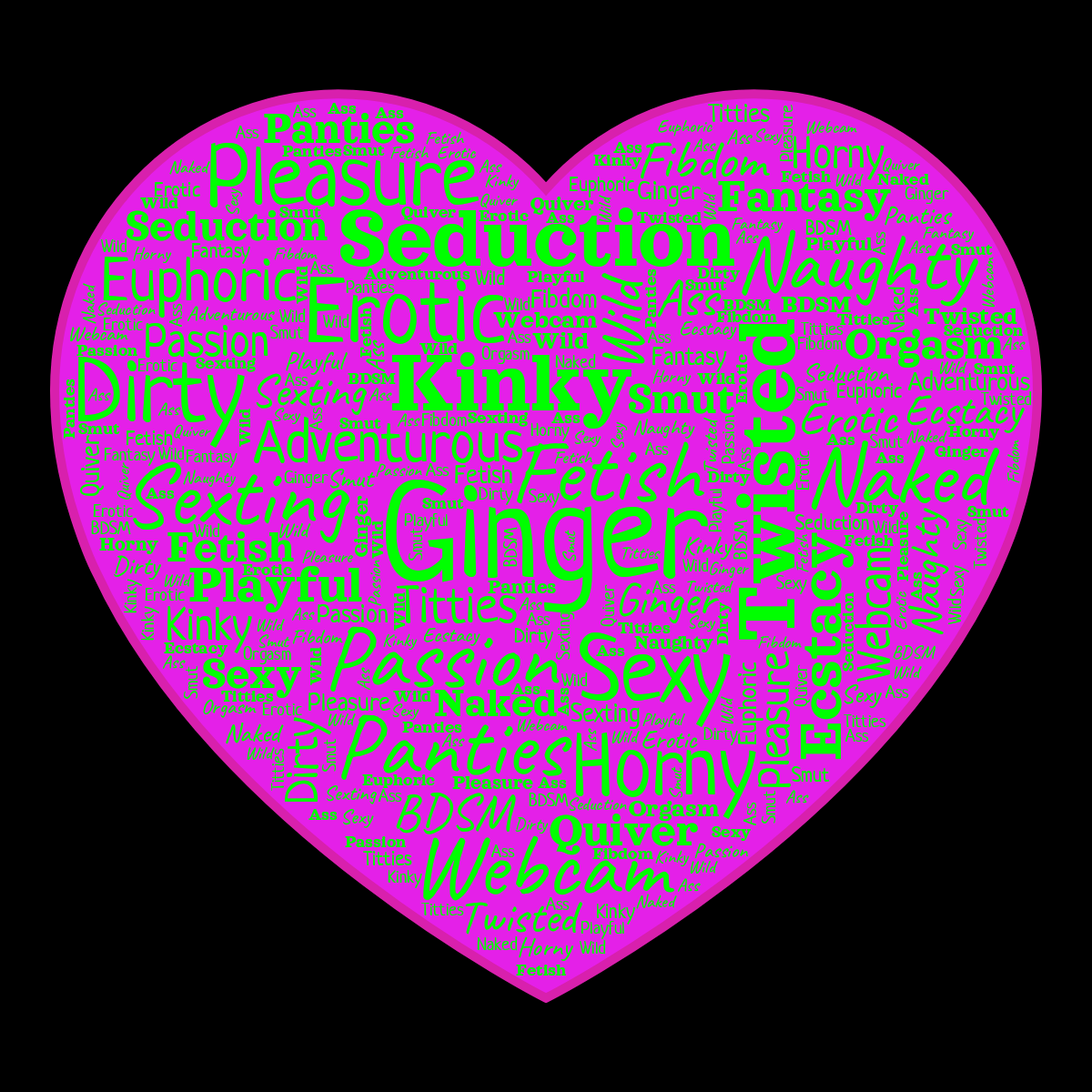 Word cloud in a Heart shape with 29 words like Ginger, Twisted and Fetish in green, black and purple.