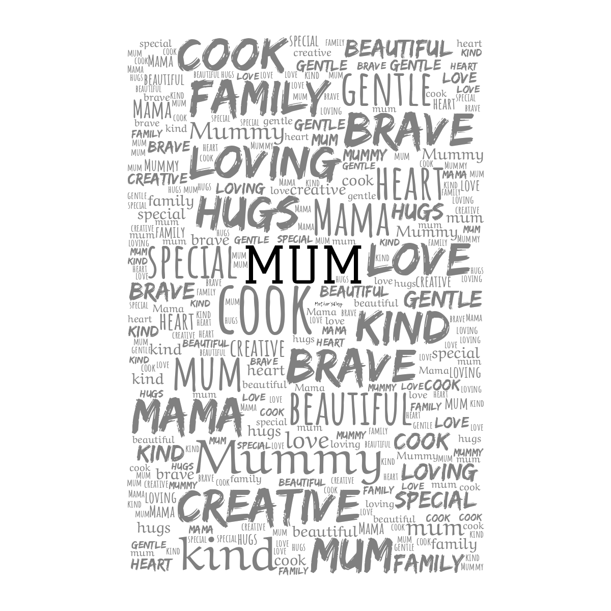 Word cloud in a Vertical Rectangle shape with 15 words like cook, mum and brave in gray and white.