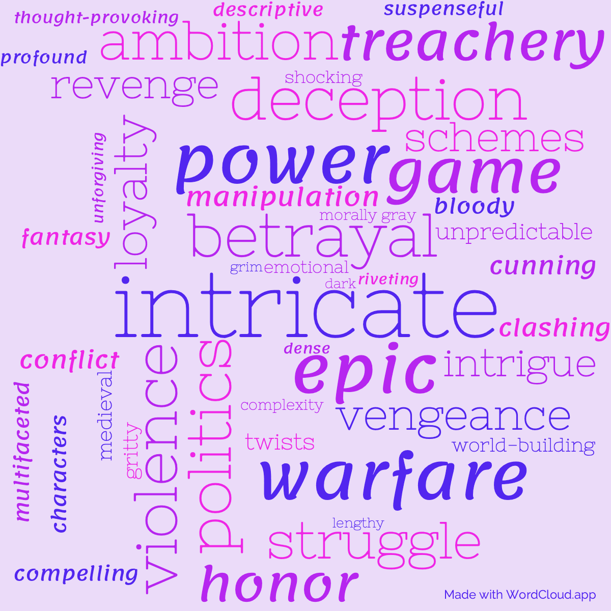 Word cloud of the book A Storm Of Swords with 46 words like intricate, epic and betrayal.