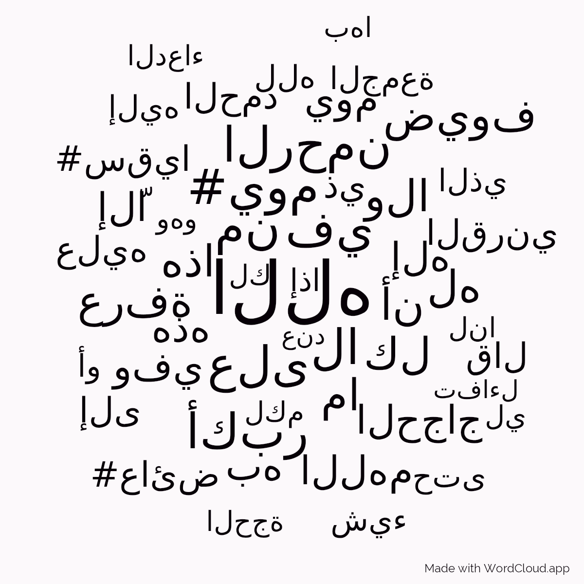 Word cloud with 50 words like الله, في and من in black and pink.