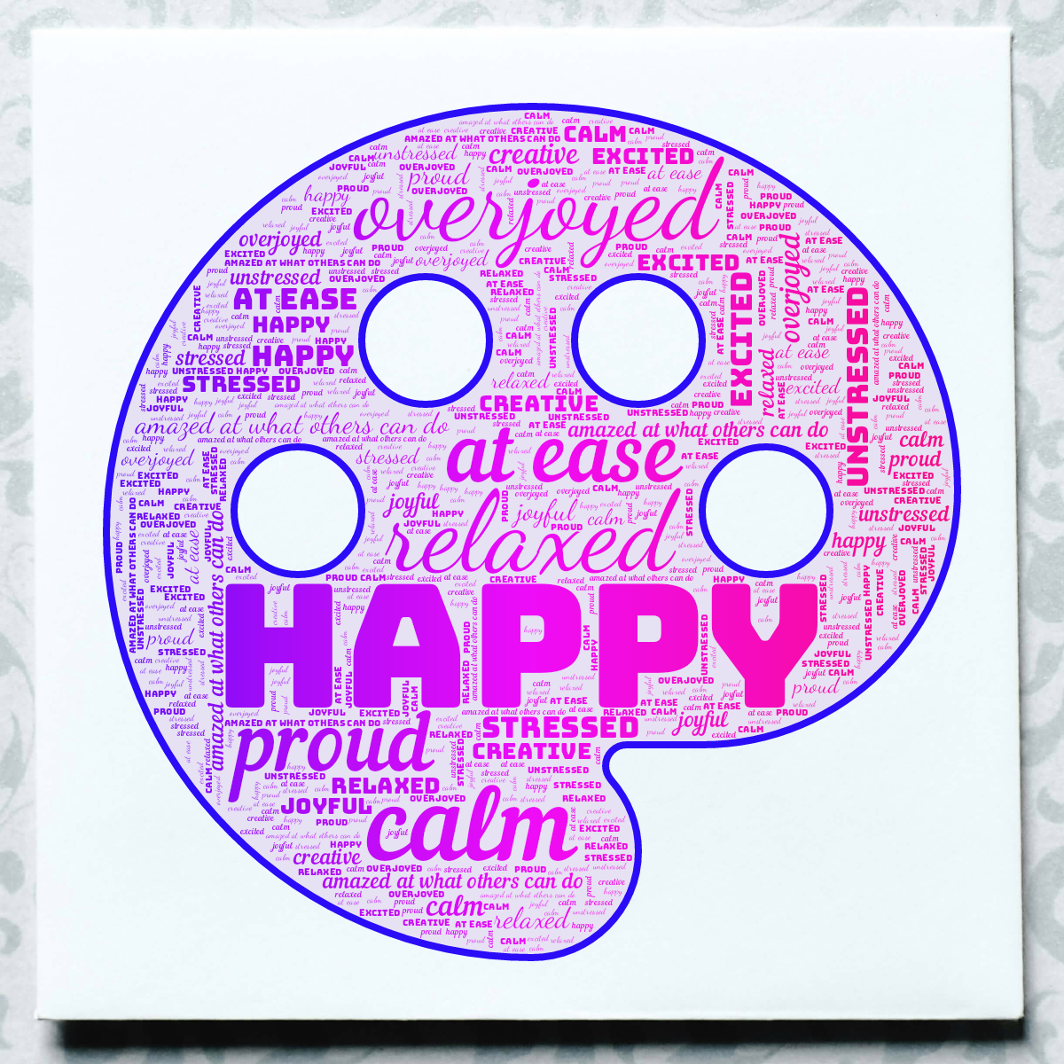 Word cloud in an Art Palette shape with 12 words like happy, overjoyed and relaxed in blue, purple and pink.
