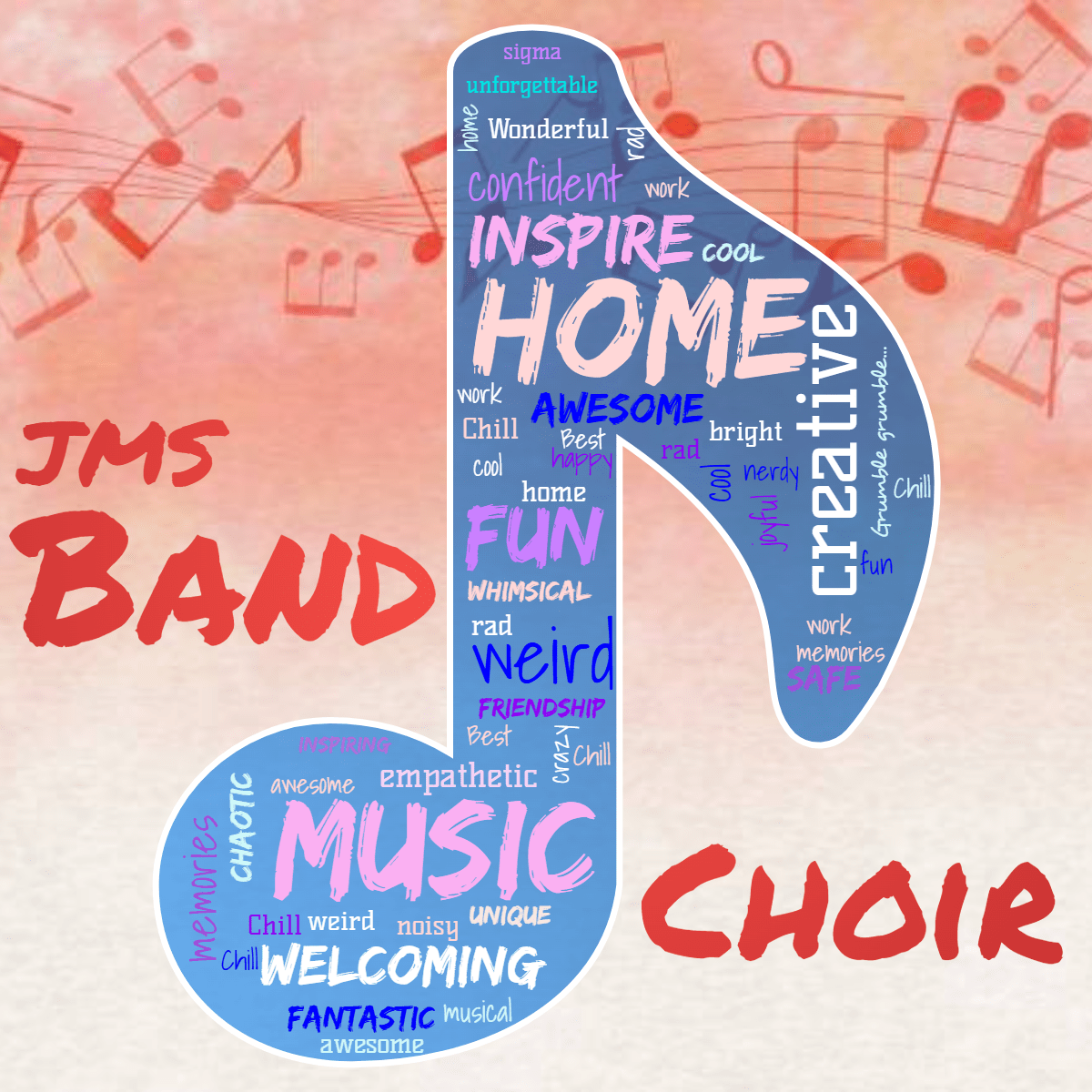 Word cloud in a Note shape with 56 words like home, fun and musical in multicolor.