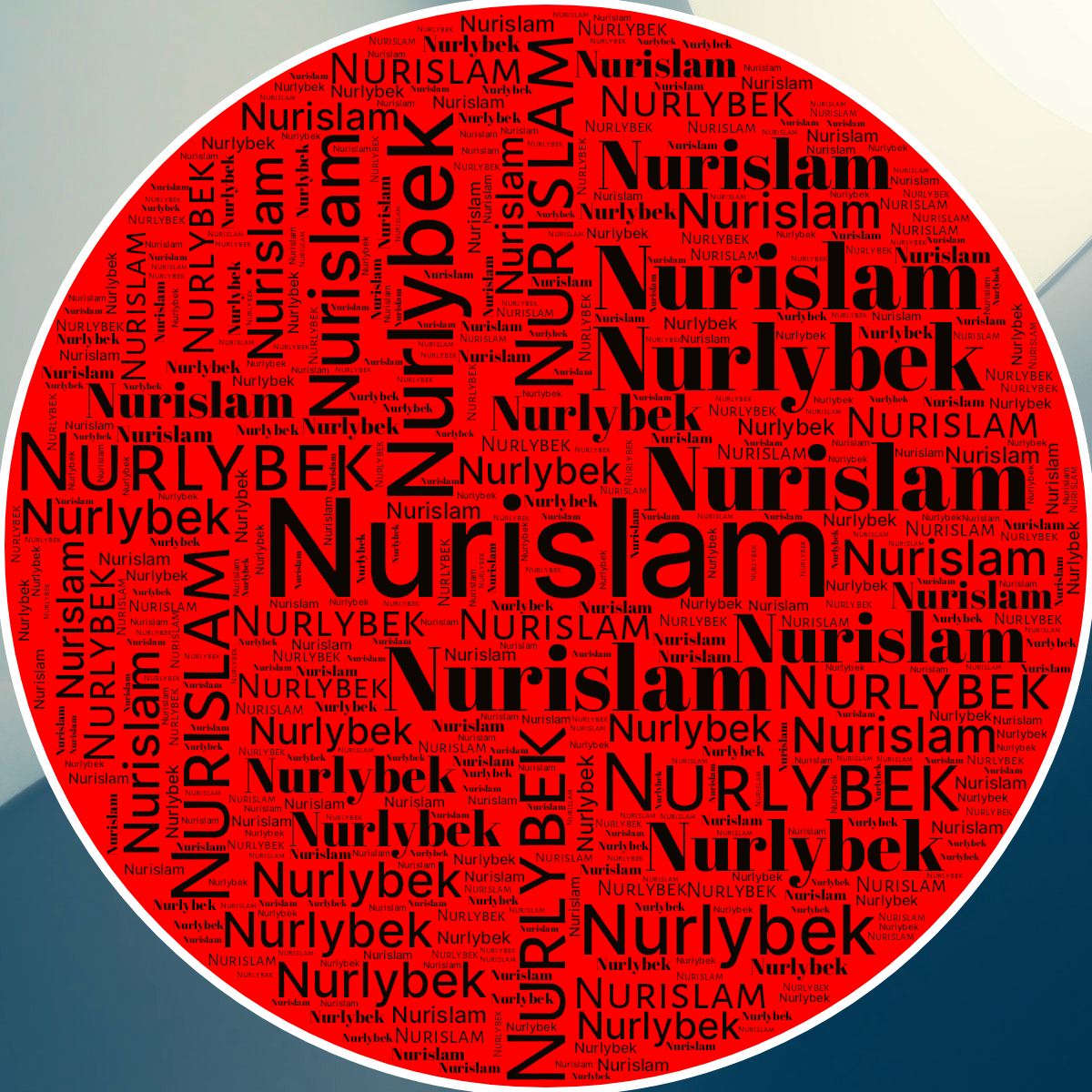 Word cloud in a Circle shape with 2 repeated words like Nurislam and Nurlybek in black, red and white.