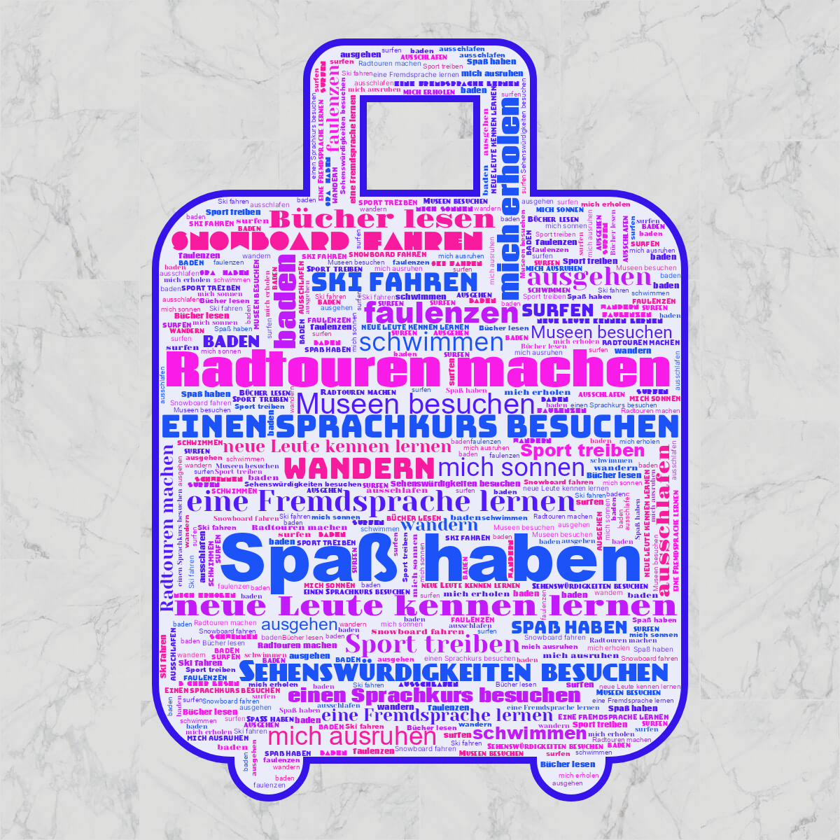 Word cloud in a Luggage shape with 21 words like Spaß haben, Radtouren machen and einen Sprachkurs besuchen in blue, purple and pink.