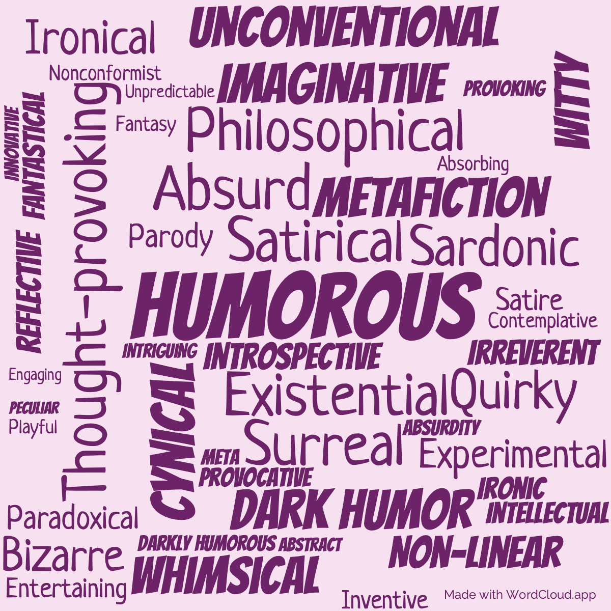 Word cloud of the book God Bless You, Dr Kevorkian with 47 words like Humorous, Satirical and Existential.