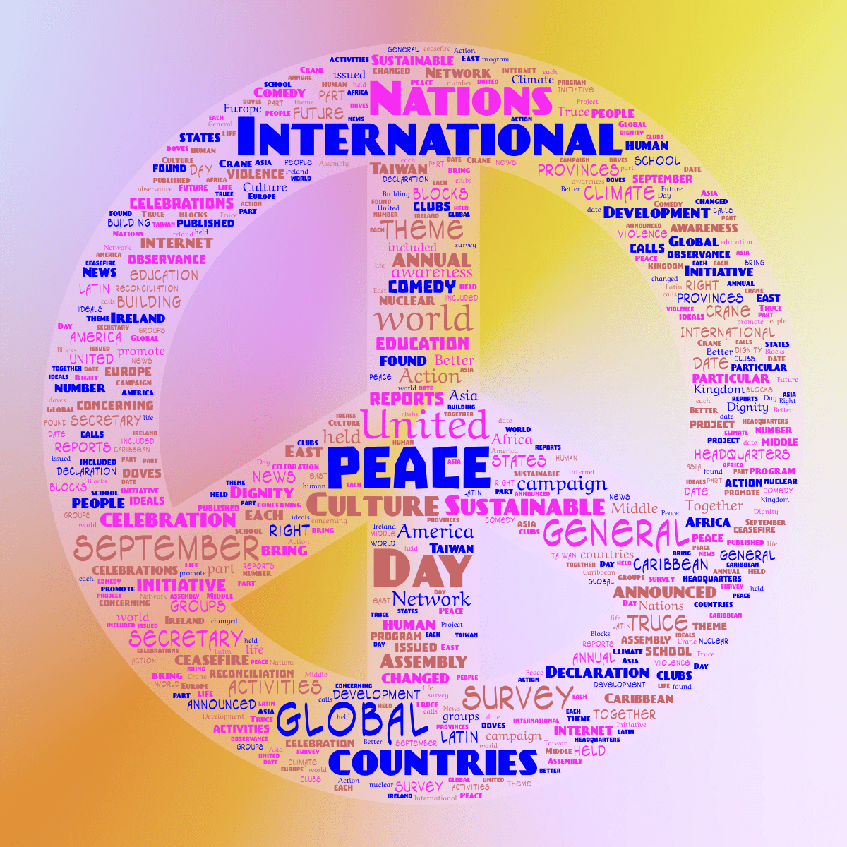 Word cloud in a Peace shape with 87 words like Peace, International and Day in blue, purple and red.