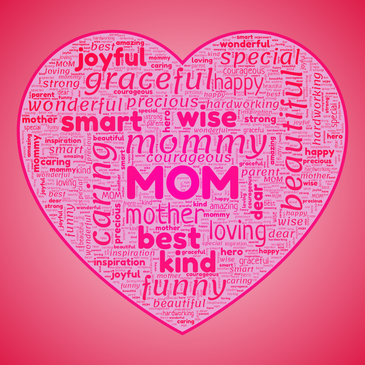 Word cloud in a Heart shape with 25 words like MOM, mommy and mother in multicolor.