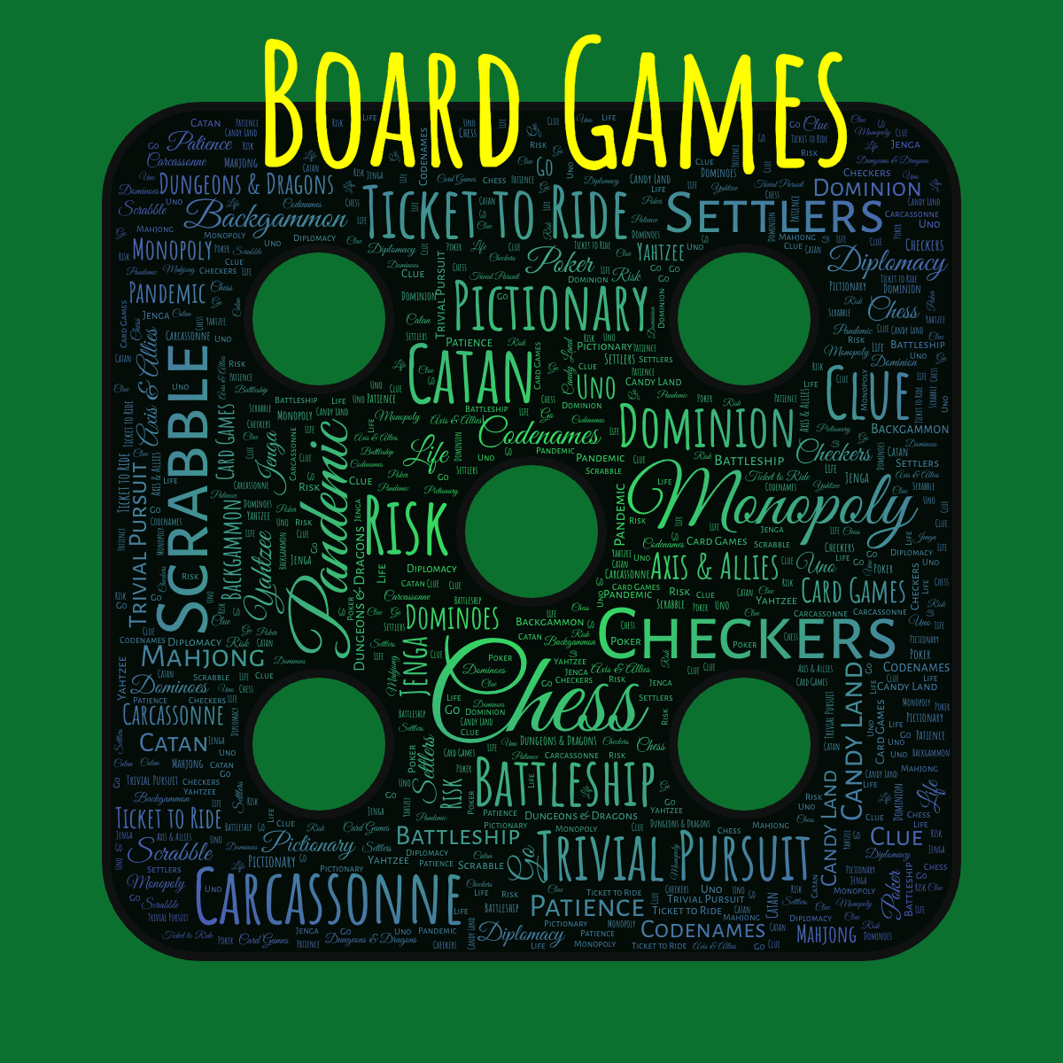 Word cloud in a Throw Die shape with 31 words like Chess, Monopoly and Scrabble in green, blue and black.