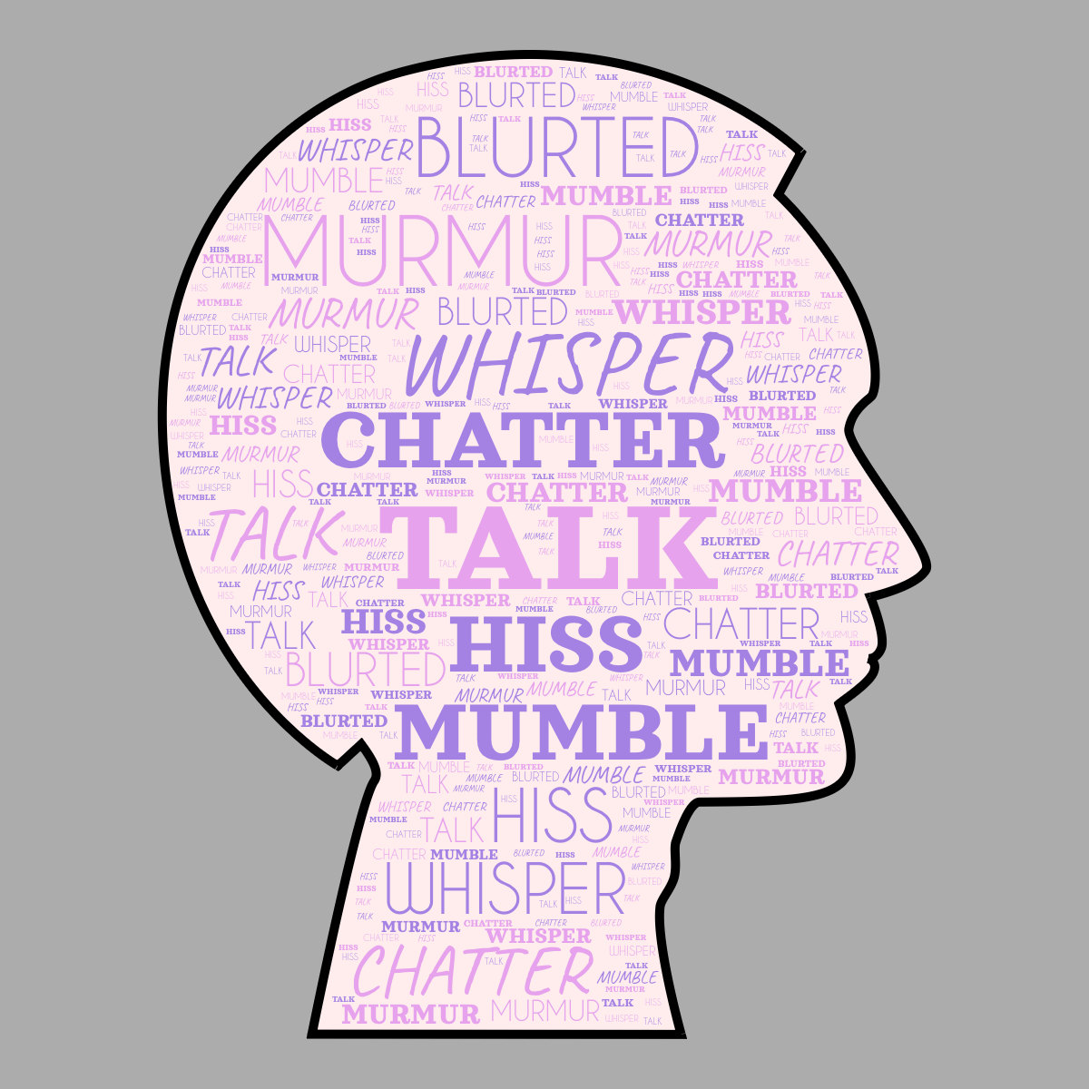Word cloud in a Man Face shape with 7 words like TALK, CHATTER and HISS in multicolor.