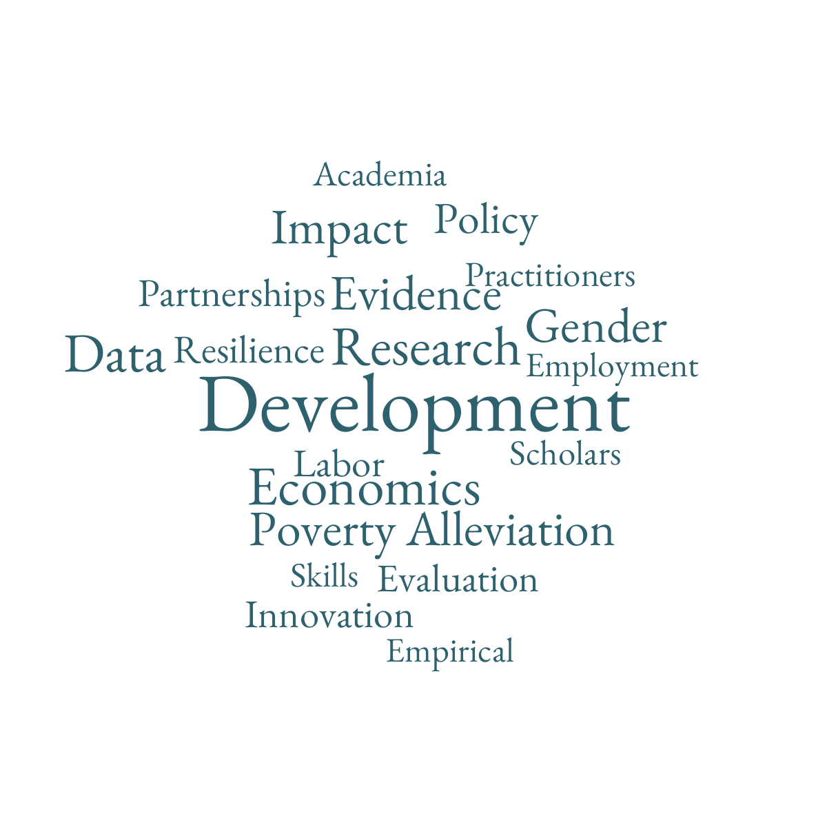 Word cloud with 19 words like Development, Research and Economics in blue.
