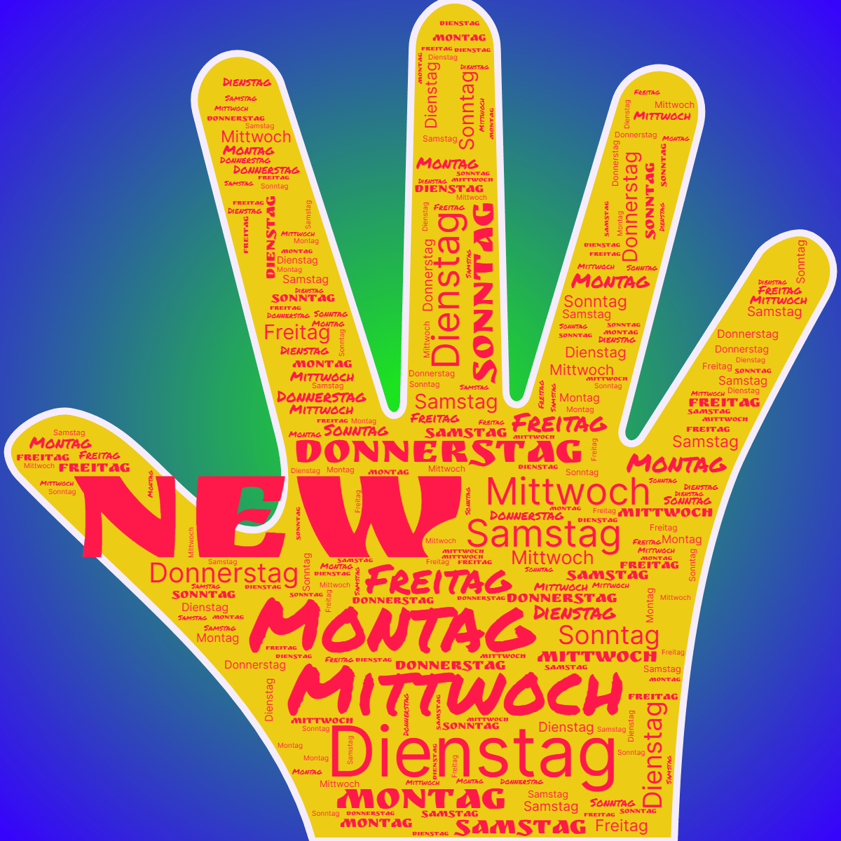 Word cloud in a Hand shape with 7 words like Montag, Dienstag and Mittwoch in multicolor.