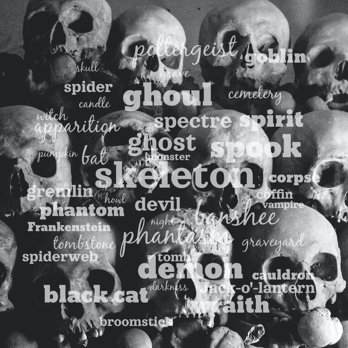 Word cloud with 40 words like skeleton, ghost and phantasm in white.