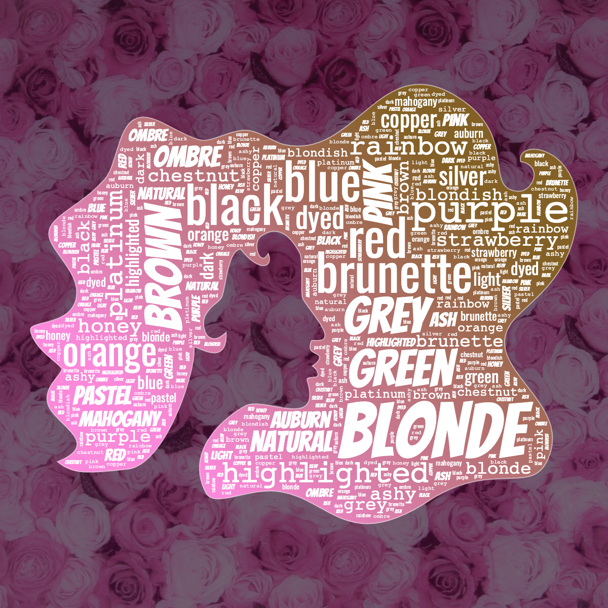 Word cloud in a Woman Face shape with 30 words like blonde, brunette and red in white, purple and orange.