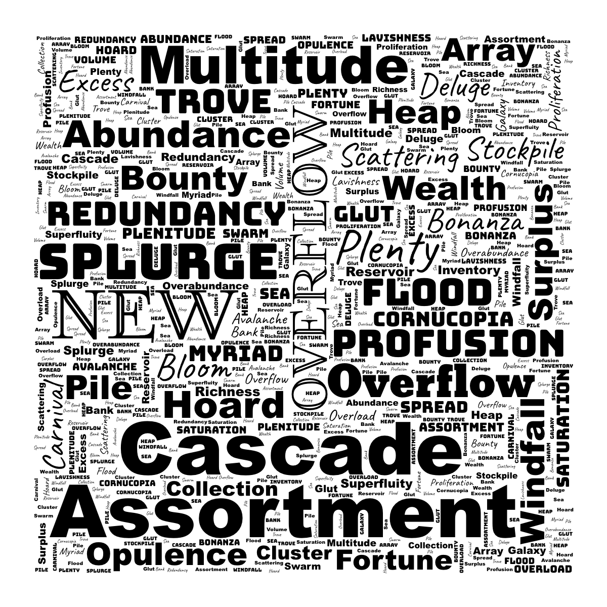 Word cloud in a Square shape with 50 words like Abundance, Array and Assortment in black and white.