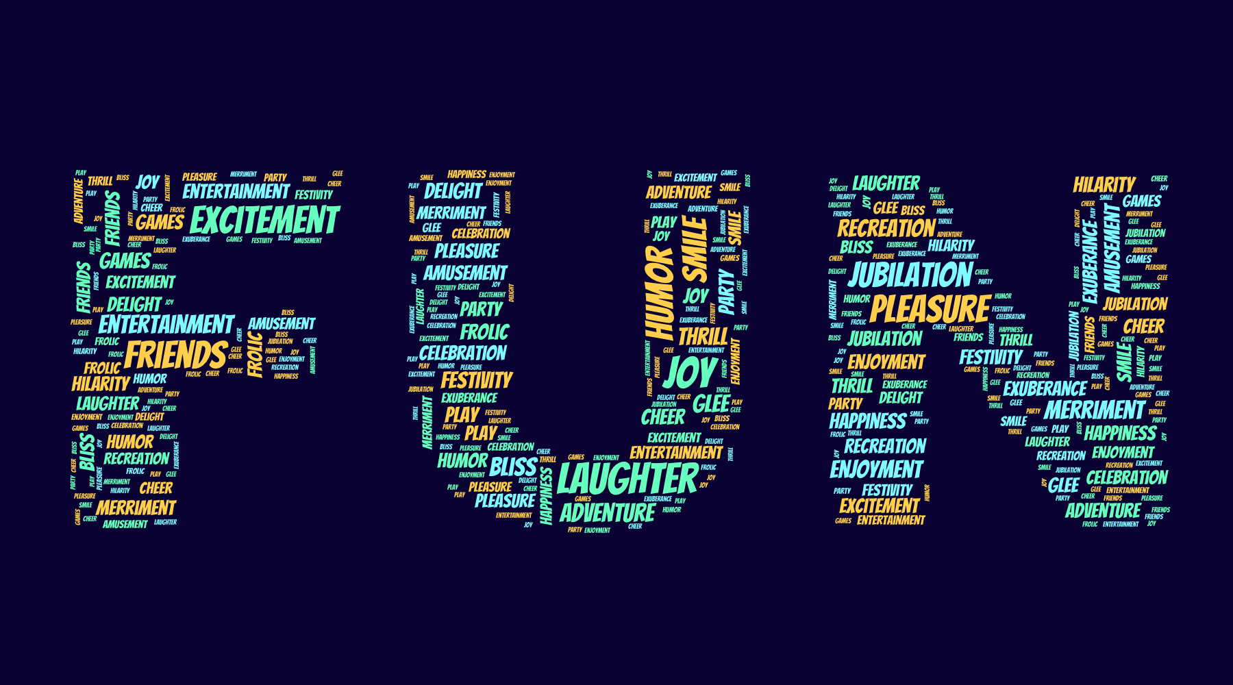 Word cloud in the shape of the word FUN with 28 words like Happiness, Joy and Laughter in green, blue and orange.
