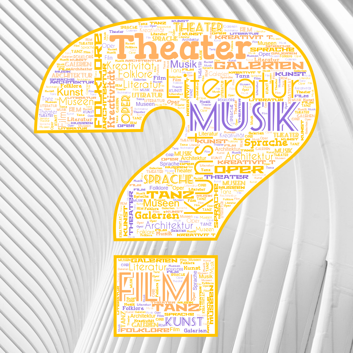 Word cloud in a Question Mark shape with 13 words like Literatur, Kunst and Theater in multicolor.