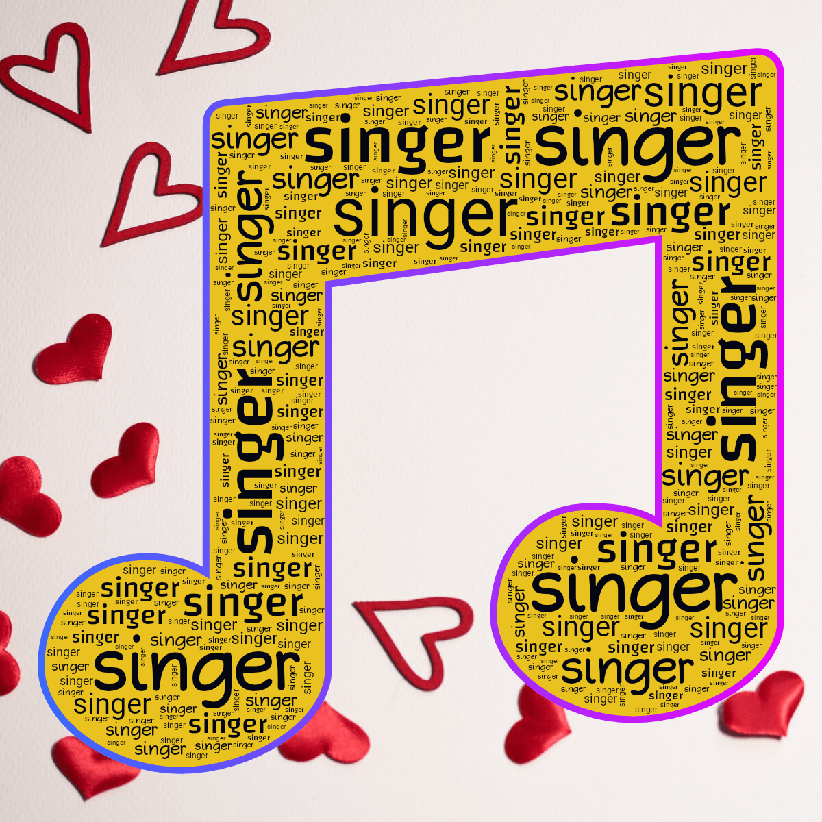 Word cloud in a Notes shape with 1 repeated word singer in multicolor.