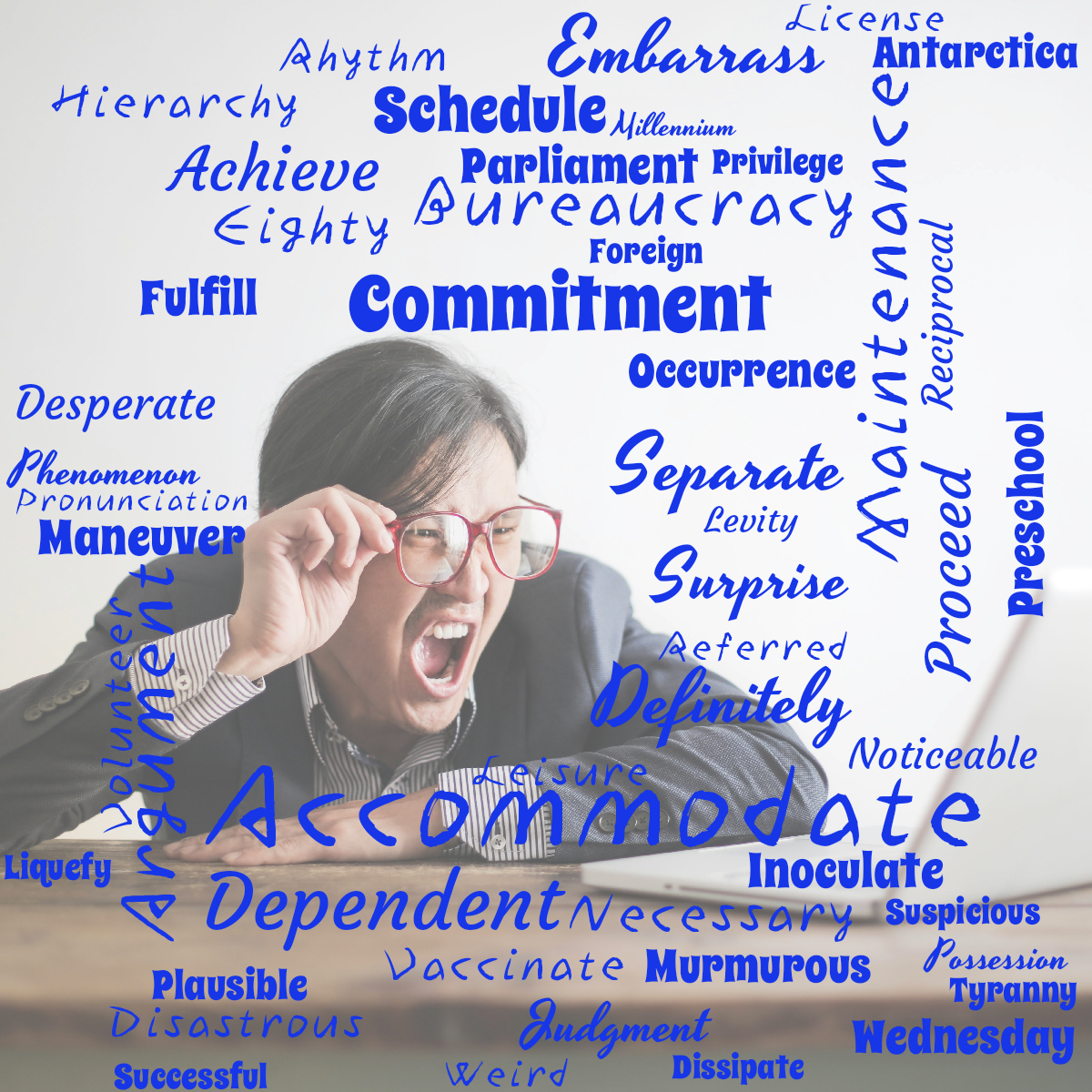 Word cloud with 50 words like Accommodate, Definitely and Separate in bright blue.