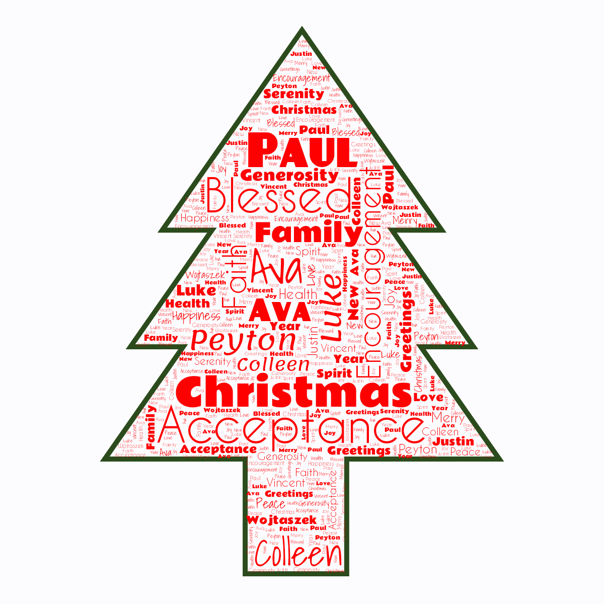 Word cloud in a Christmas Tree shape with 26 words like Acceptance, Ava and Blessed in red, blue and green.
