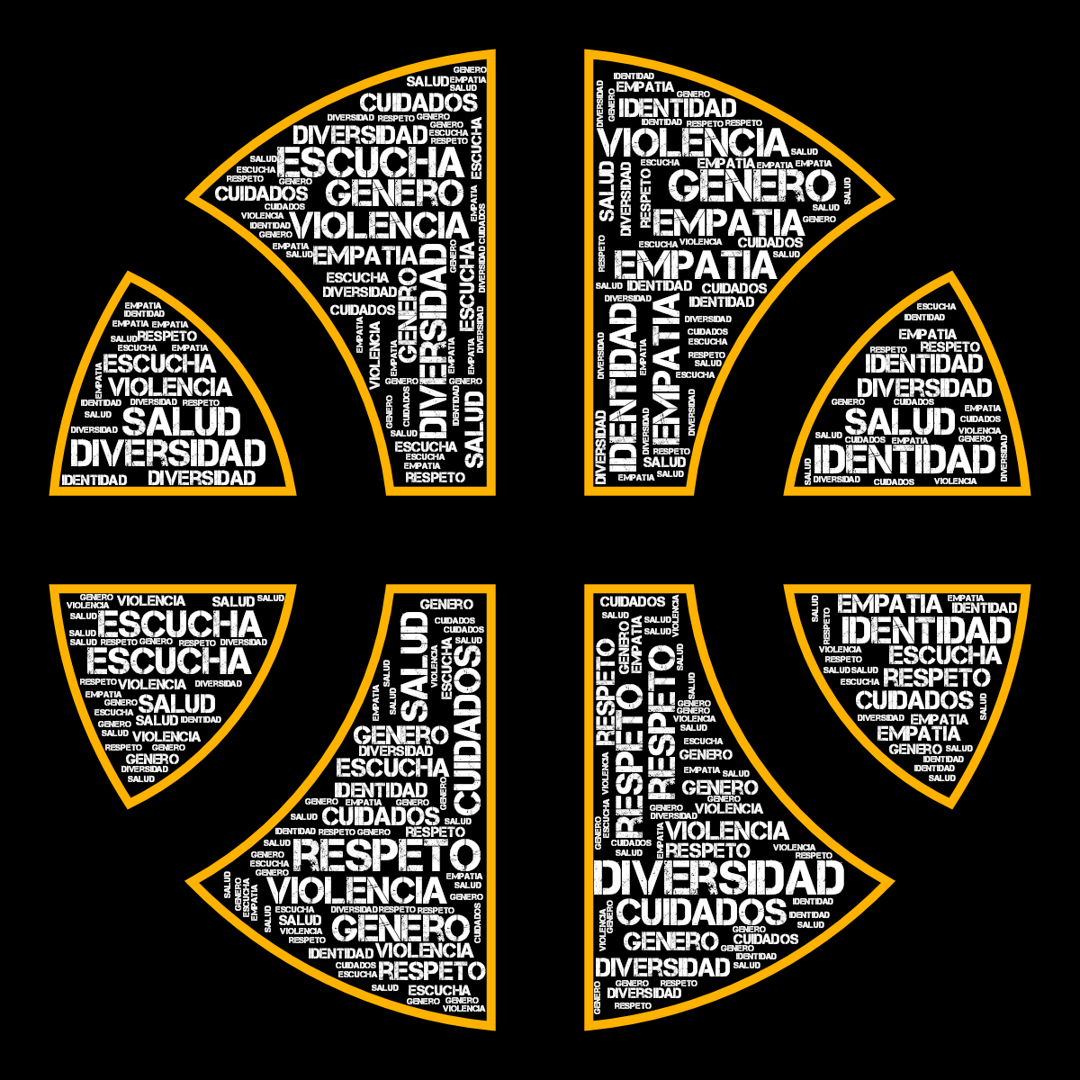 Word cloud in a Basketball shape with 9 words like diversidad, respeto and genero in white, black and orange.