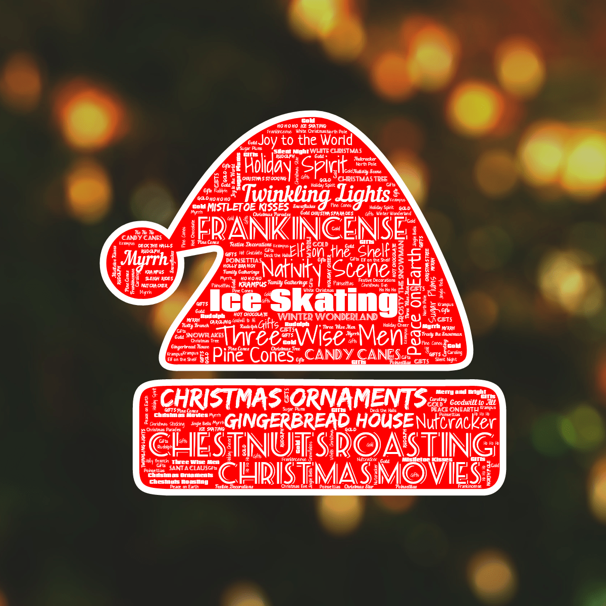Word cloud in a Santa Hat shape with 50 words like Santa Claus, Christmas Tree and Jingle Bells in white and red.